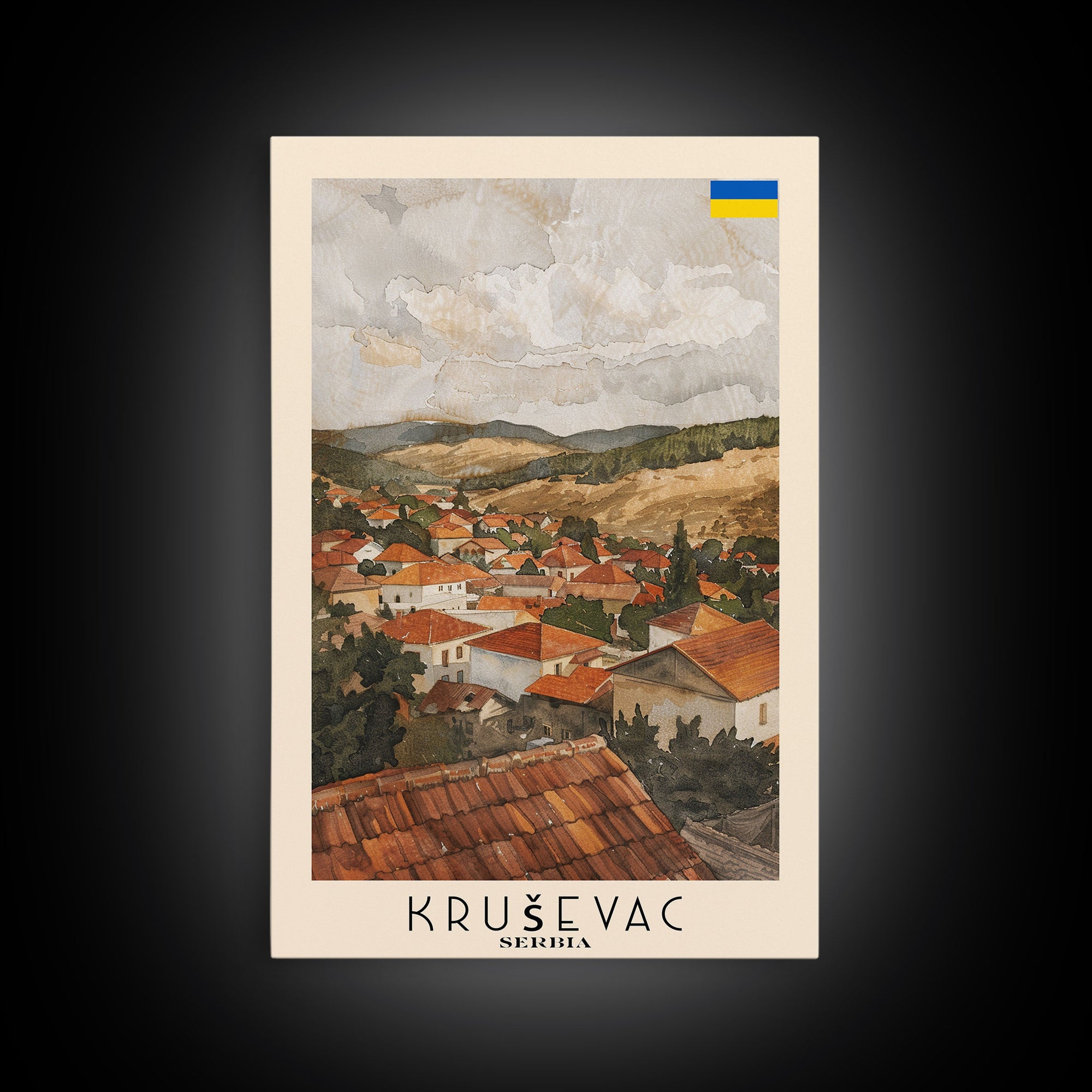 Krusevac Serbia Travel Poster Framed Canvas Print, Watercolor Cityscape, Artistic Wall Decor, Home Decoration, Travel Print, Original Art