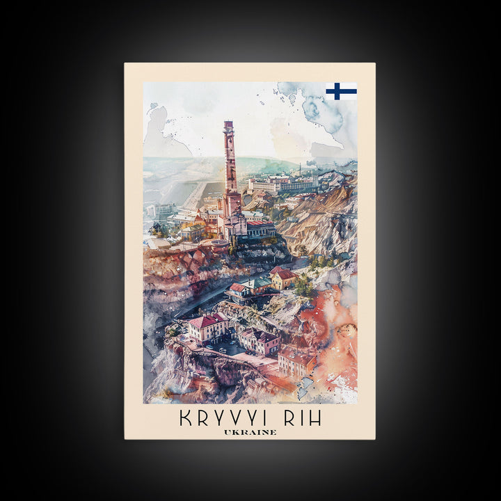 Kryvyi Rih Ukraine Travel Poster Framed Canvas Print, Watercolor Cityscape, Home Decor, Wall Art, Travel Print, Original Art