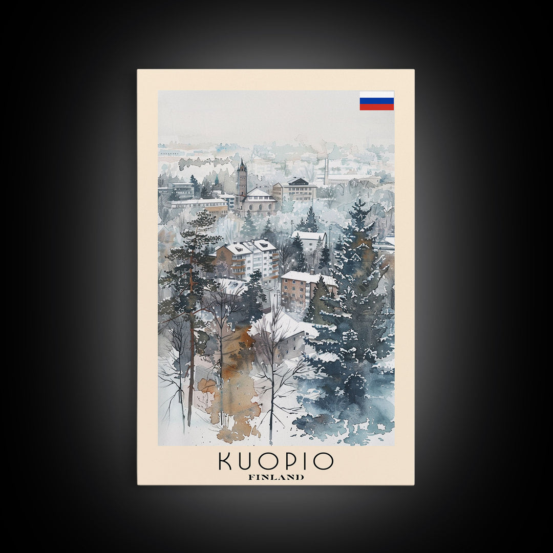 Kuopio Finland Travel Poster Framed Canvas Print, Scenic Landscape, Watercolor Painting, Home Decoration, Travel Print, Artistic Gift
