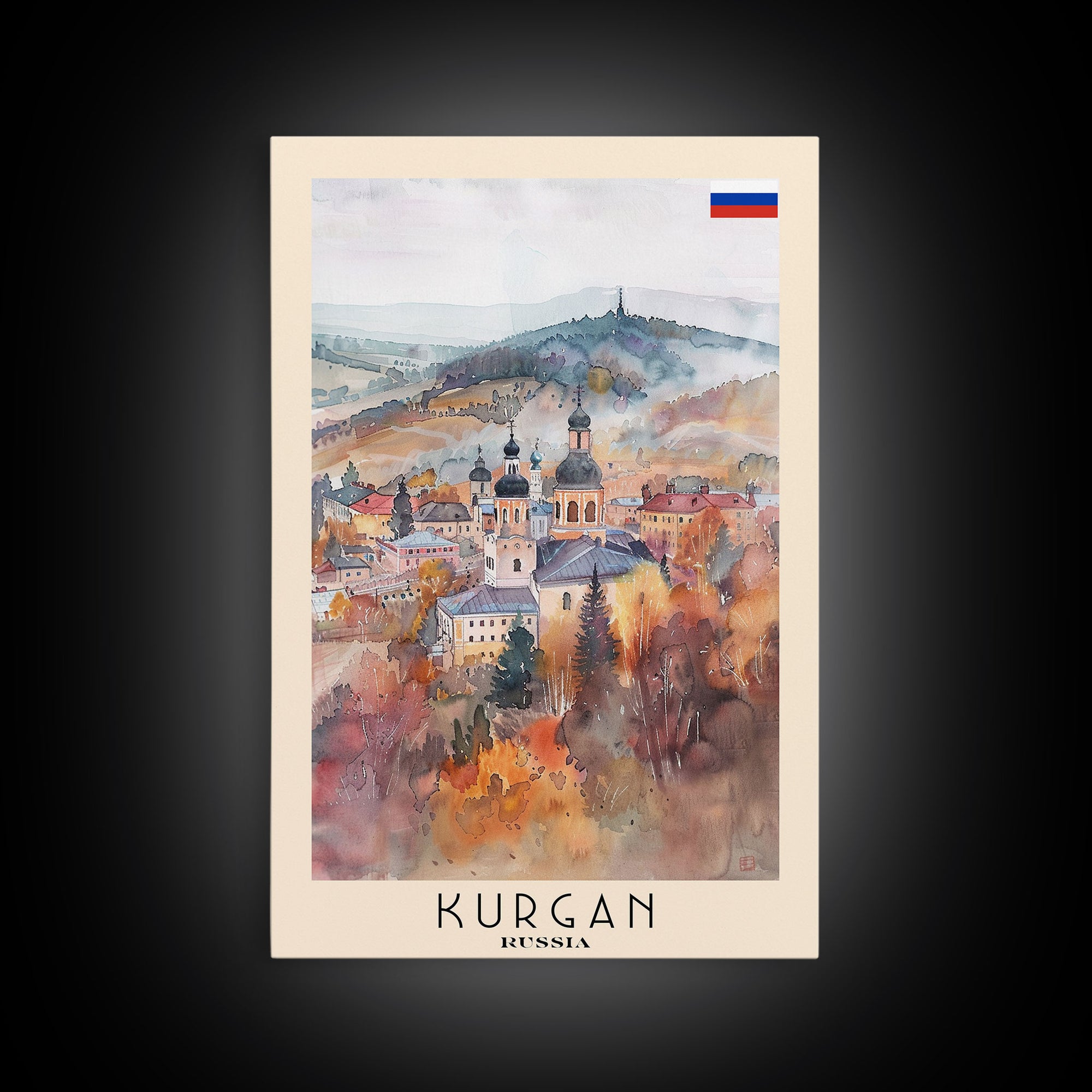 Kurgan Russia Travel Poster Framed Canvas Print, Urban Landscape, Watercolor Art, Wall Decor, Home Decoration, Travel Print, Original Art