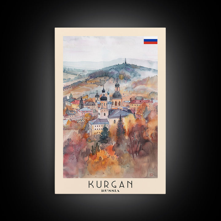 Kurgan Russia Travel Poster Framed Canvas Print, Urban Landscape, Watercolor Art, Wall Decor, Home Decoration, Travel Print, Original Art