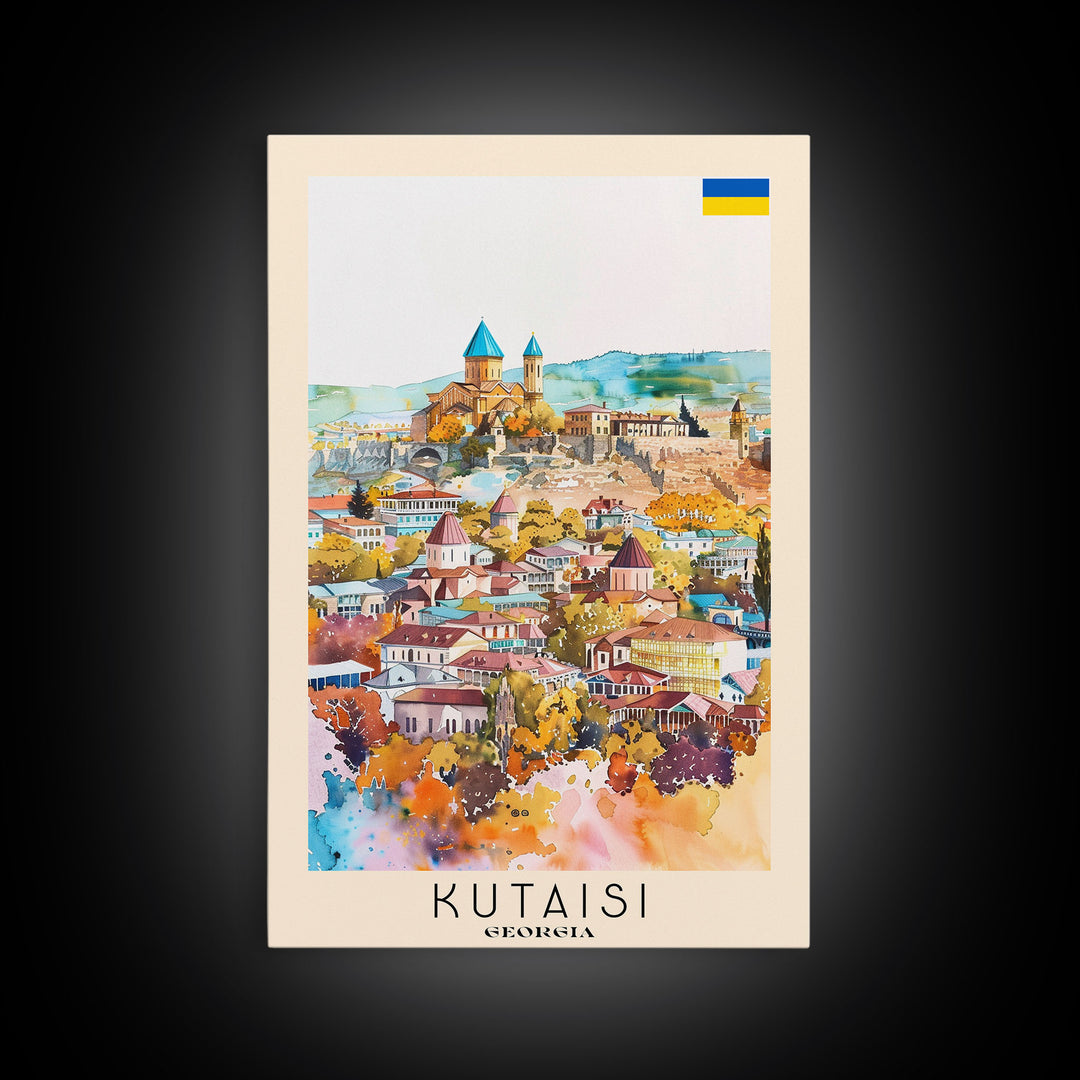 Kutaisi Georgia Travel Poster Framed Canvas Print, Scenic Landscape, Watercolor Art, Wall Decor, Home Decoration, Travel Print, Original Art