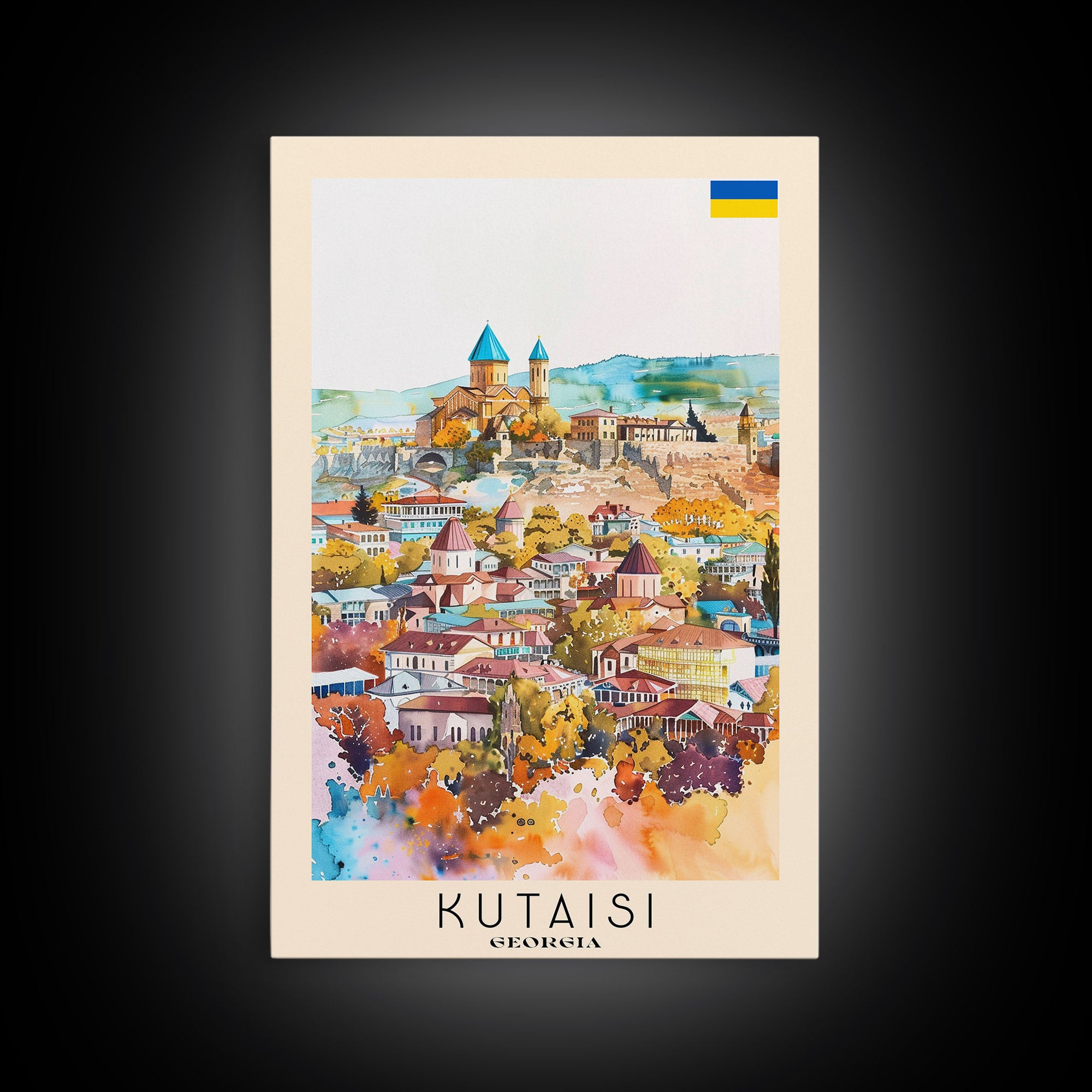 Kutaisi Georgia Travel Poster Framed Canvas Print, Scenic Landscape, Watercolor Art, Wall Decor, Home Decoration, Travel Print, Original Art