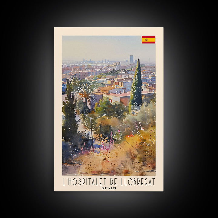 L'Hospitalet Spain Travel Poster Framed Canvas Print, Urban Landscape, Watercolor Painting, Wall Art, Home Decor, Travel Print, Artistic Gift