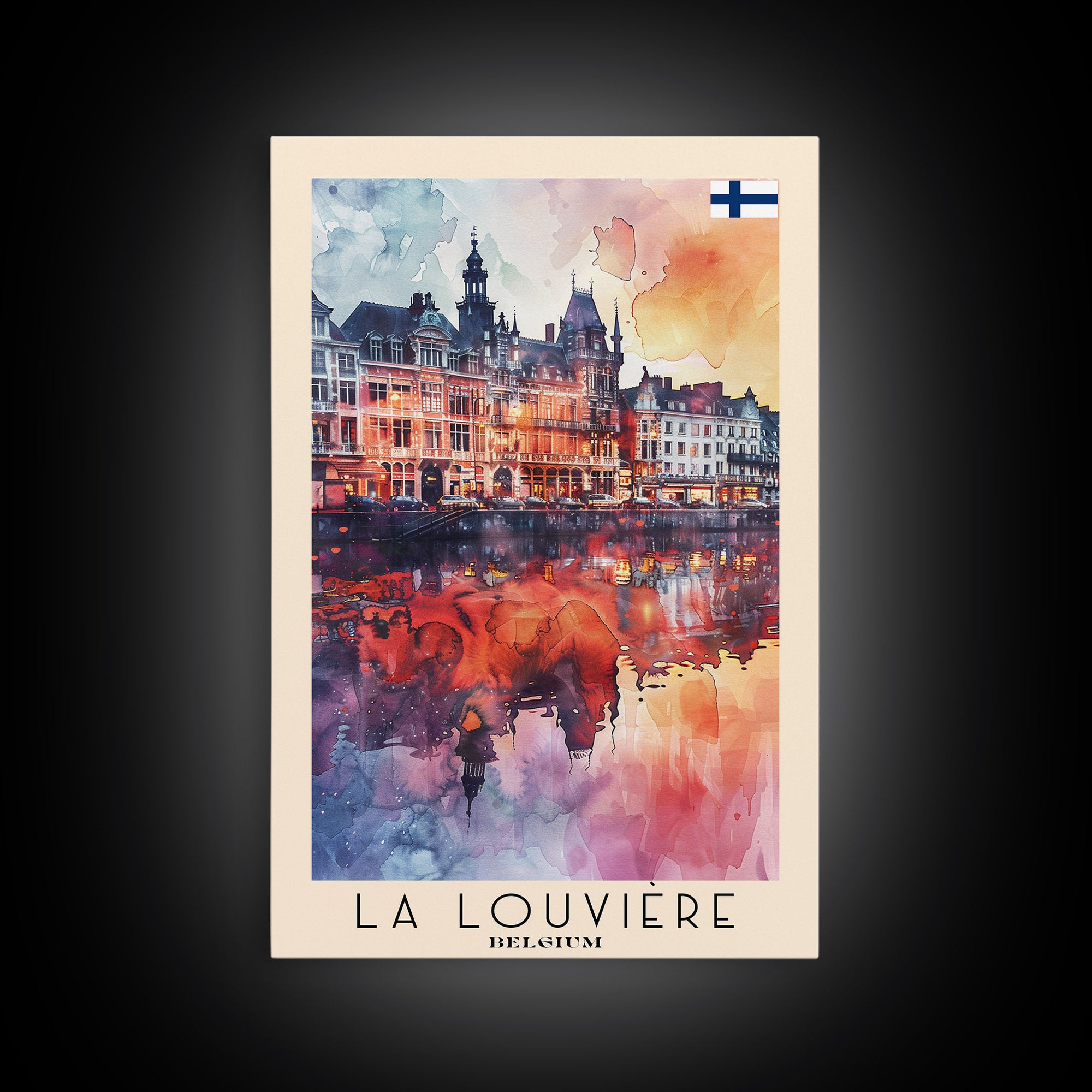 La Louviere Belgium Travel Poster Framed Canvas Print, Urban Landscape, Watercolor Art, Wall Decor, Home Decor, Travel Print, Original Art