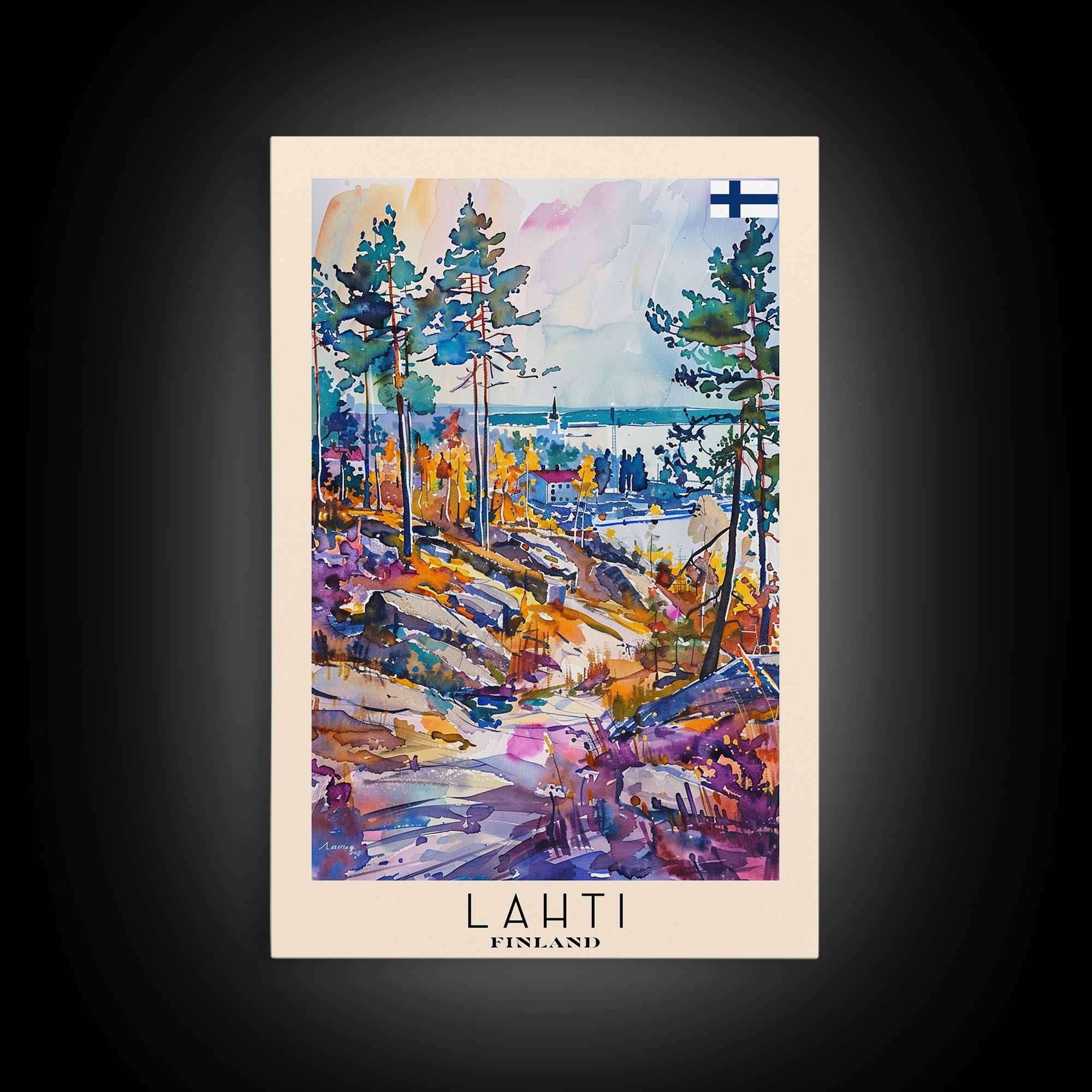 Lahti Finland Travel Poster Framed Canvas Print, Scenic Landscape, Watercolor Art, Wall Decor, Home Decoration, Travel Print, Original Painting