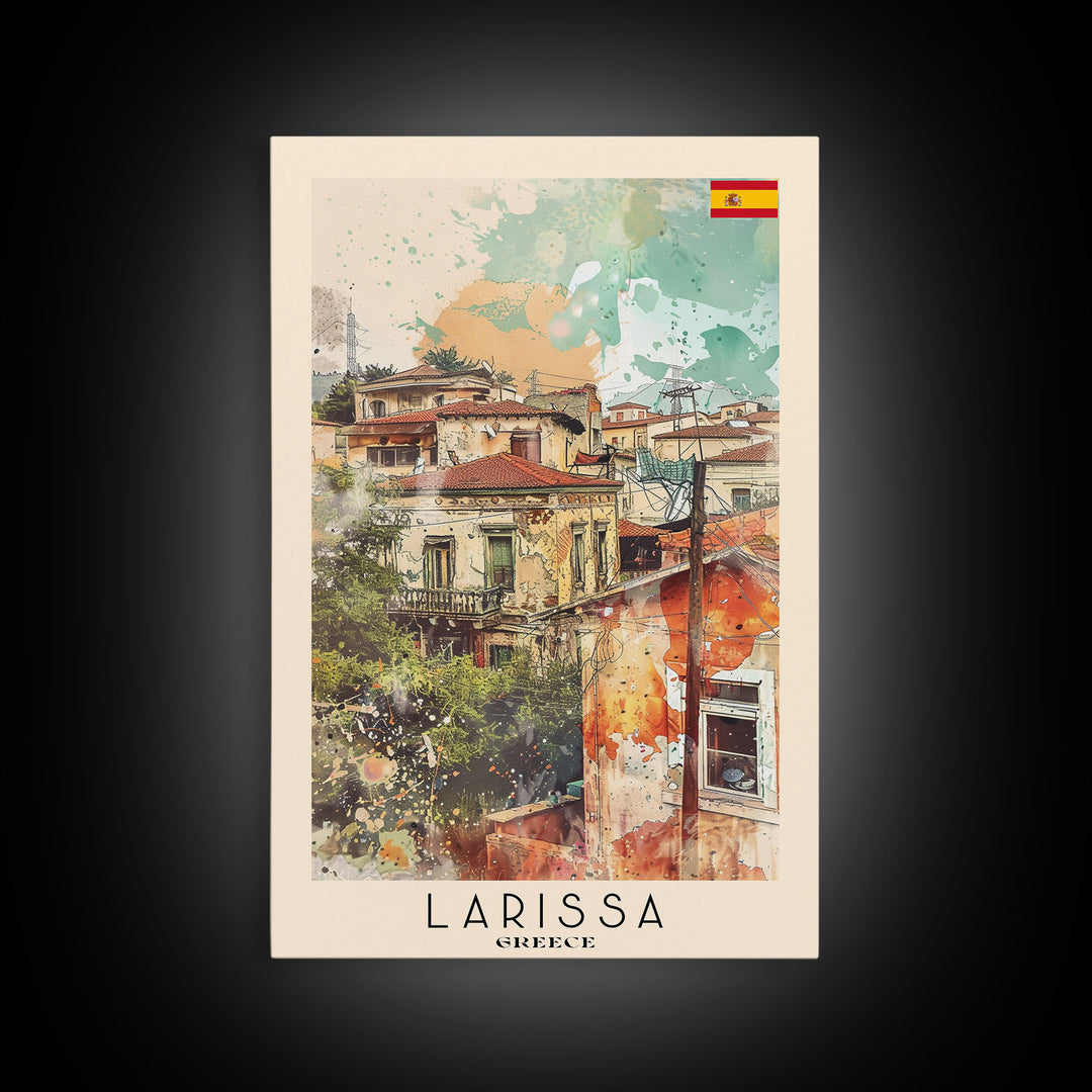 Larissa Greece Travel Poster Framed Canvas Print, Urban Landscape, Watercolor Art, Wall Decor, Home Decoration, Travel Print, Original Art