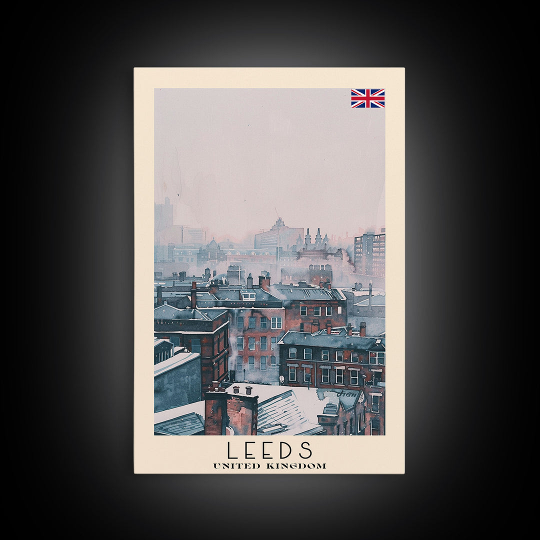 Leeds United Kingdom Travel Poster Framed Canvas Print, Urban Cityscape, Watercolor Art, Wall Decoration, Travel Print, Unique Art Gift