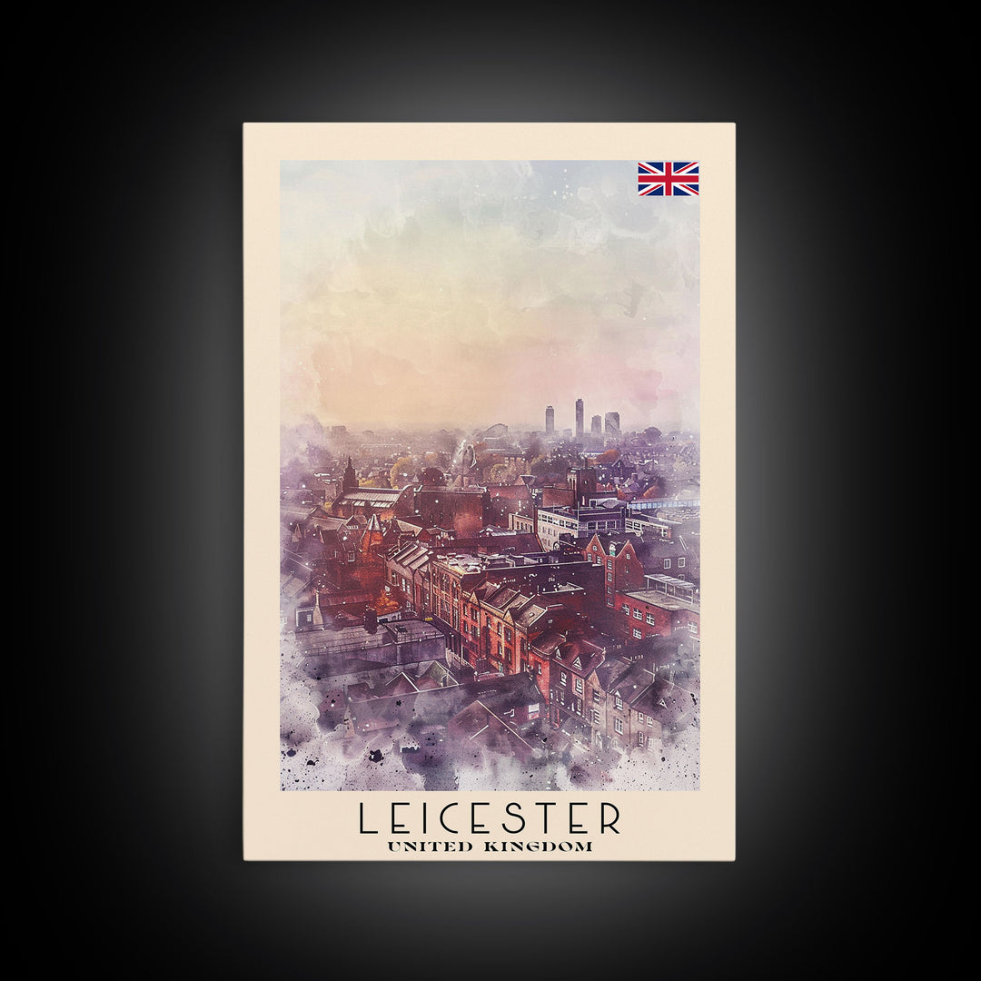 Leicester United Kingdom Travel Poster Framed Canvas Print, Historic Cityscape, Watercolor Art, Wall Decor, Home Decoration, Travel Print, Original Art