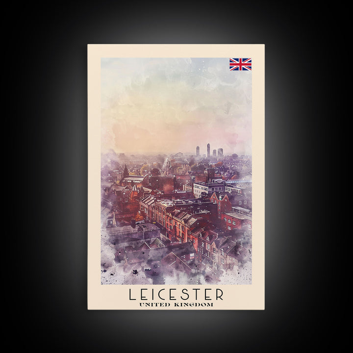 Leicester United Kingdom Travel Poster Framed Canvas Print, Historic Cityscape, Watercolor Art, Wall Decor, Home Decoration, Travel Print, Original Art