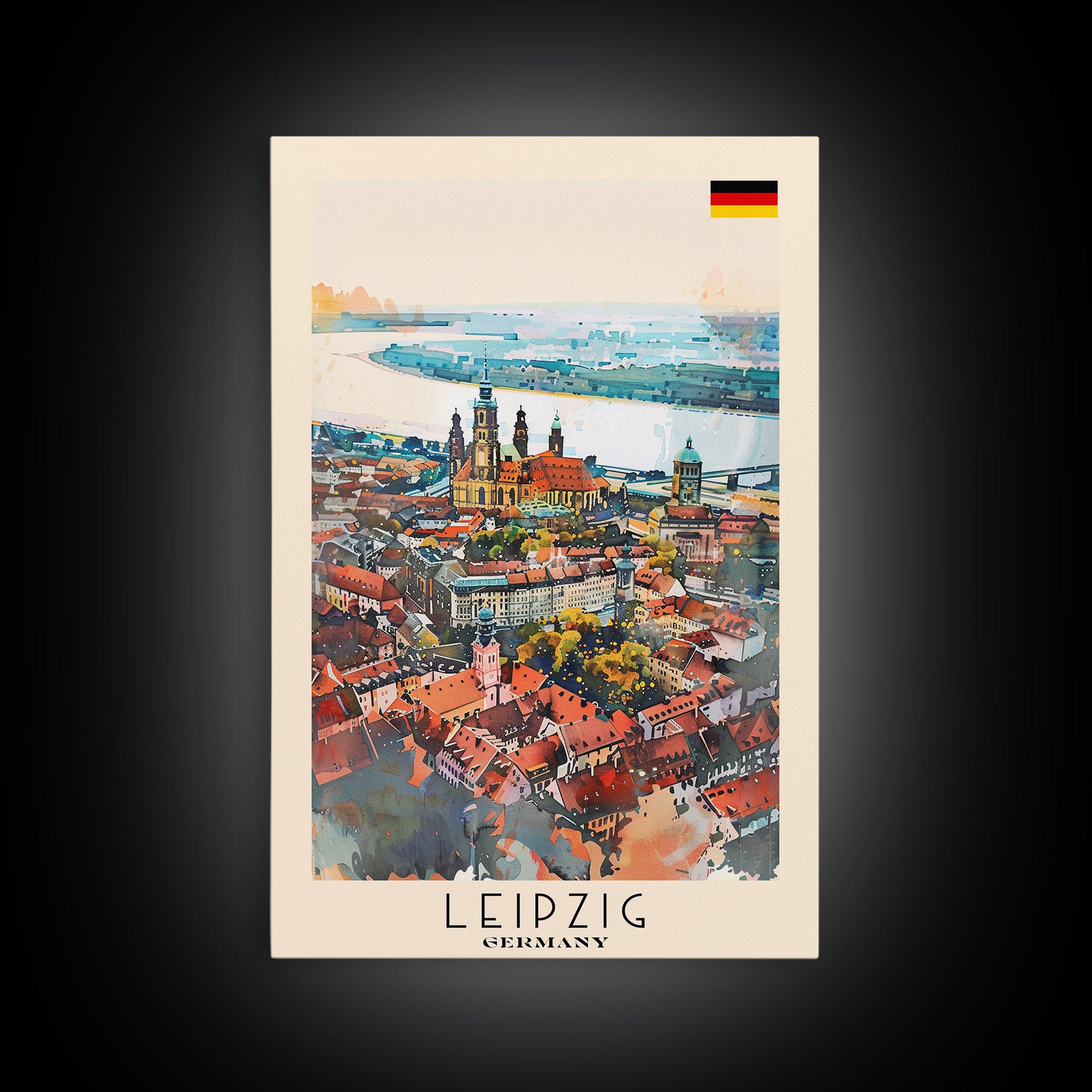 Leipzig Germany Travel Poster Framed Canvas Print, Urban Landscape, Watercolor Art, Wall Decoration, Home Decor, Travel Print, Artistic Gift