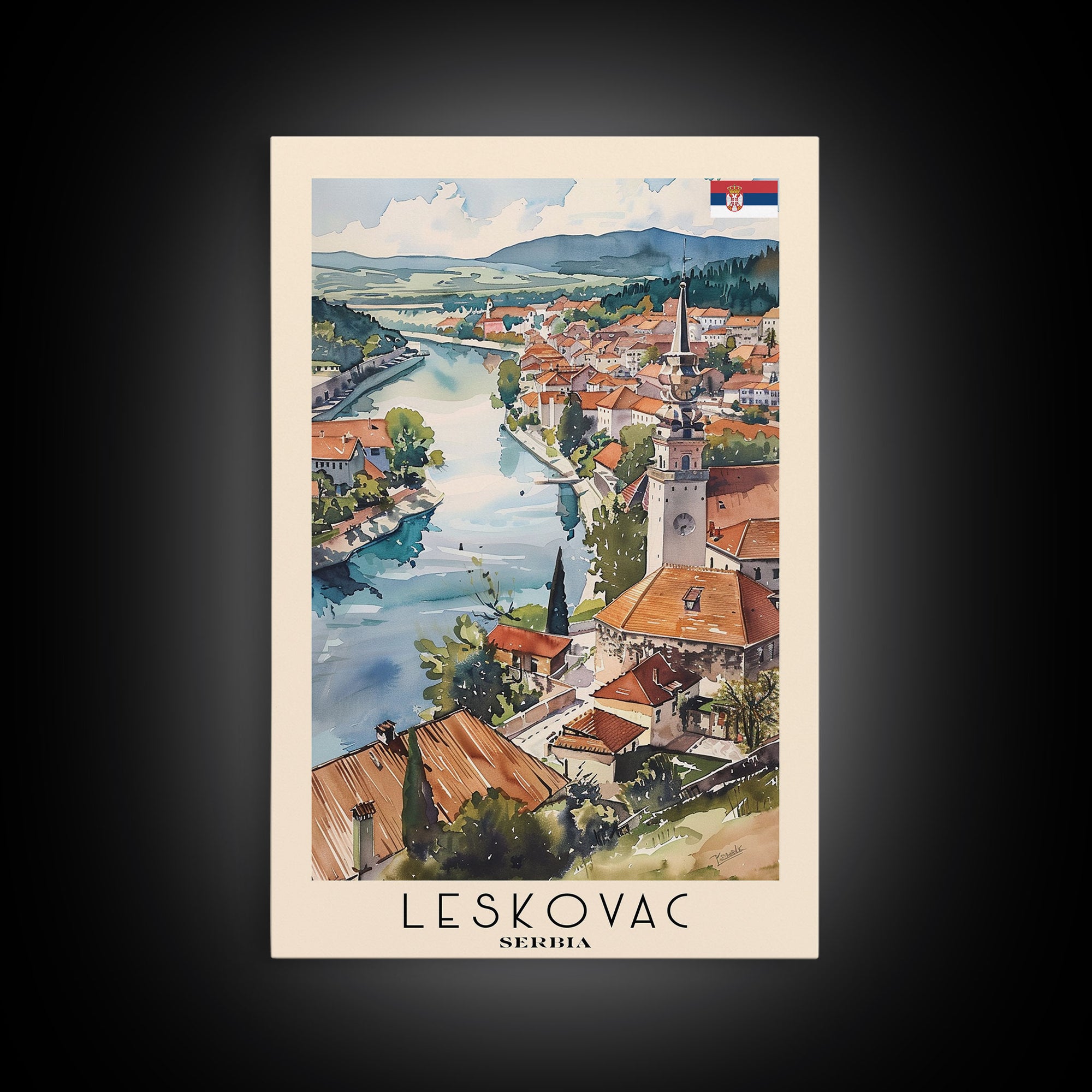 Leskovac Serbia Travel Poster Framed Canvas Print, Watercolor Cityscape, Wall Art, Home Decoration, Travel Print, Original Art, Artistic Gift