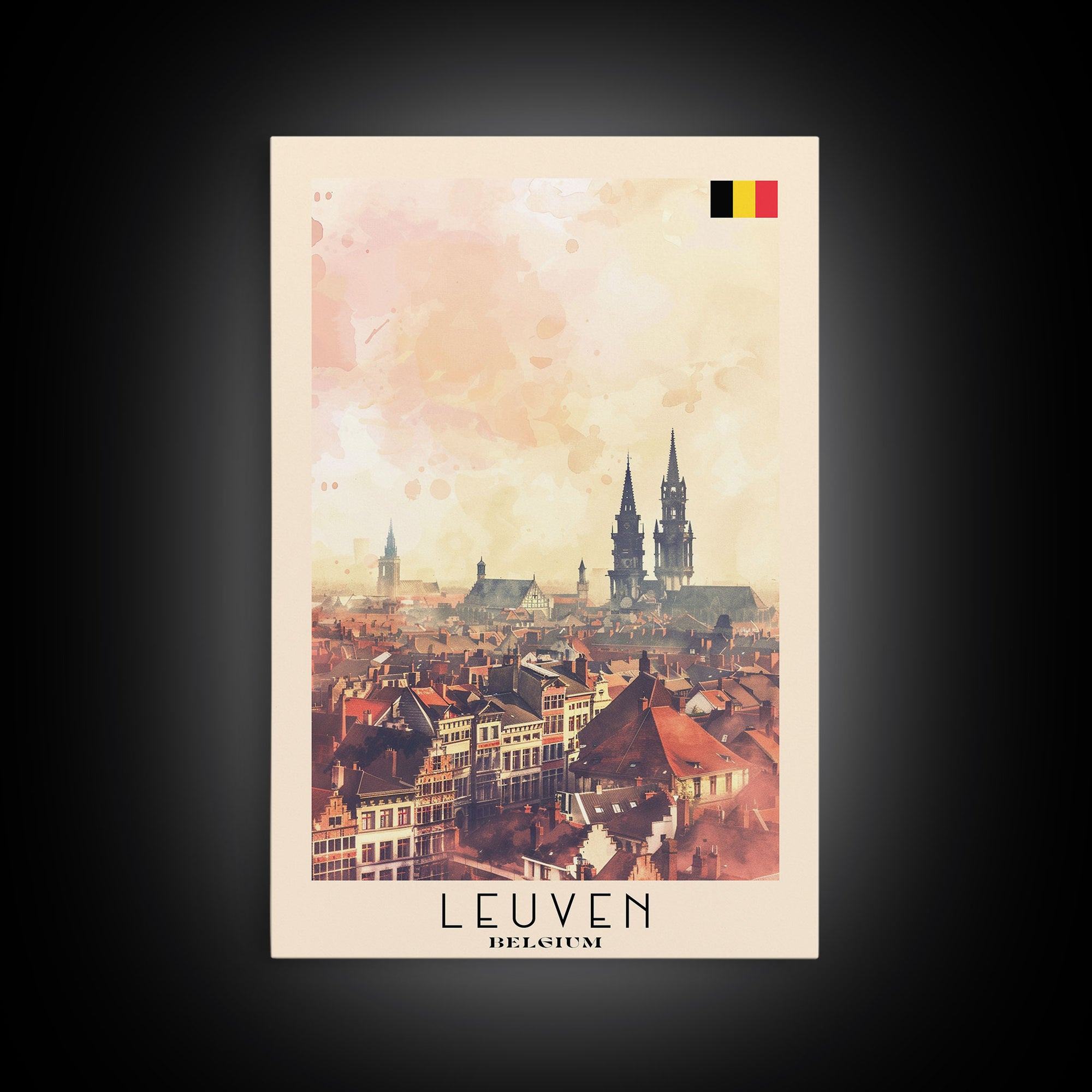 Leuven Belgium Travel Poster Framed Canvas Print, Historic Cityscape, Watercolor Art, Wall Decor, Home Decoration, Travel Print, Original Art
