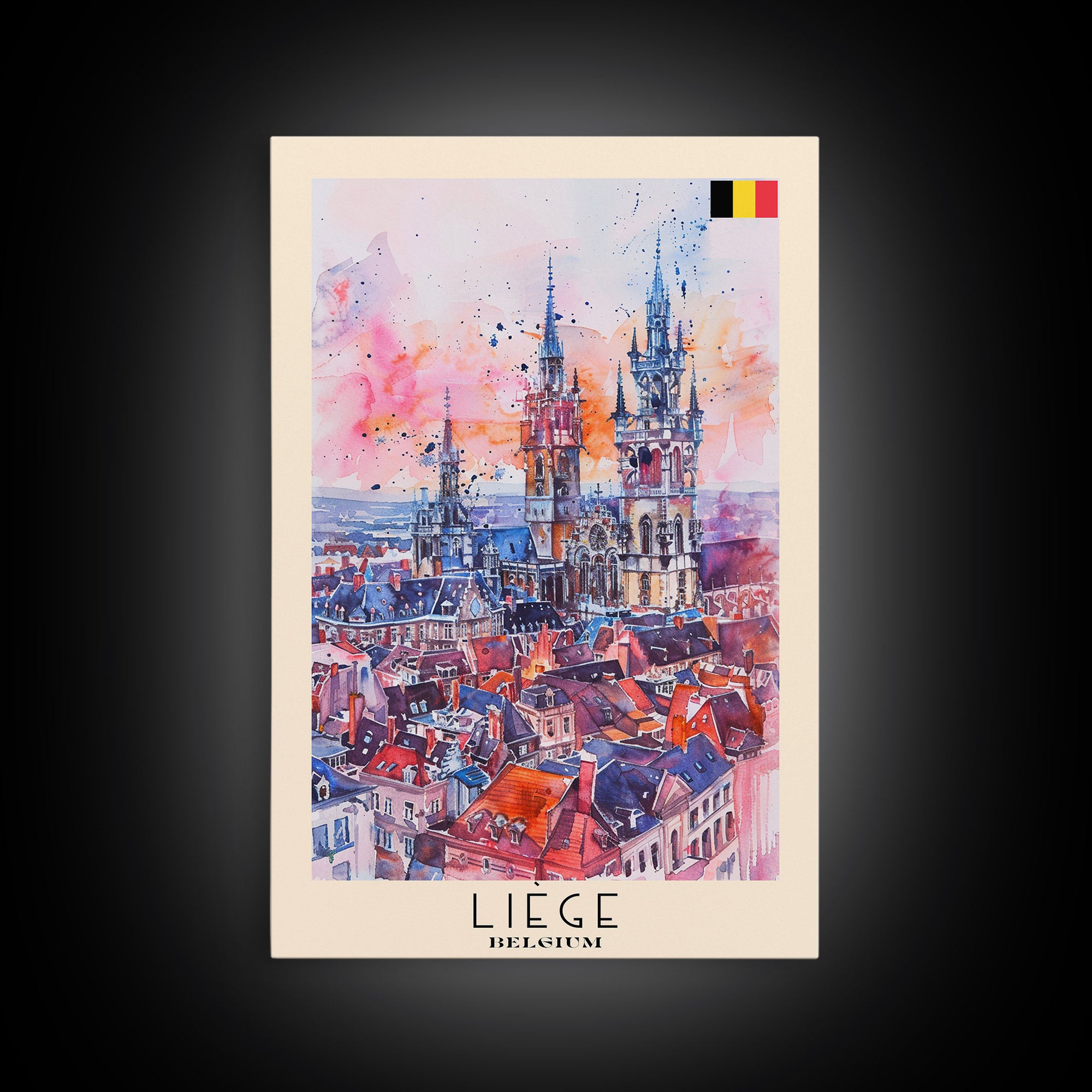 Liege Belgium Travel Poster Framed Canvas Print, Urban Landscape, Watercolor Art, Wall Decor, Home Decoration, Travel Print, Original Art