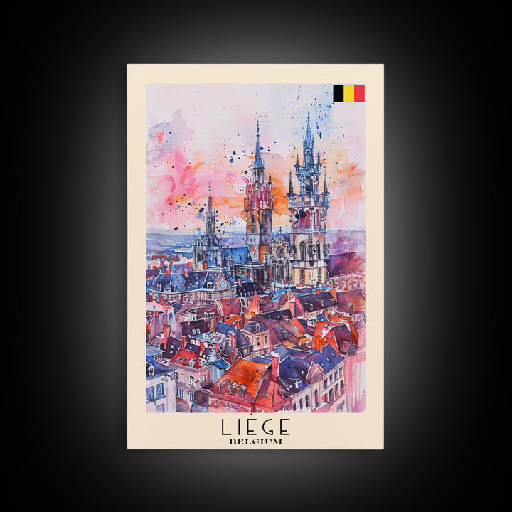 Liege Belgium Travel Poster Framed Canvas Print, Urban Landscape, Watercolor Art, Wall Decor, Home Decoration, Travel Print, Original Art