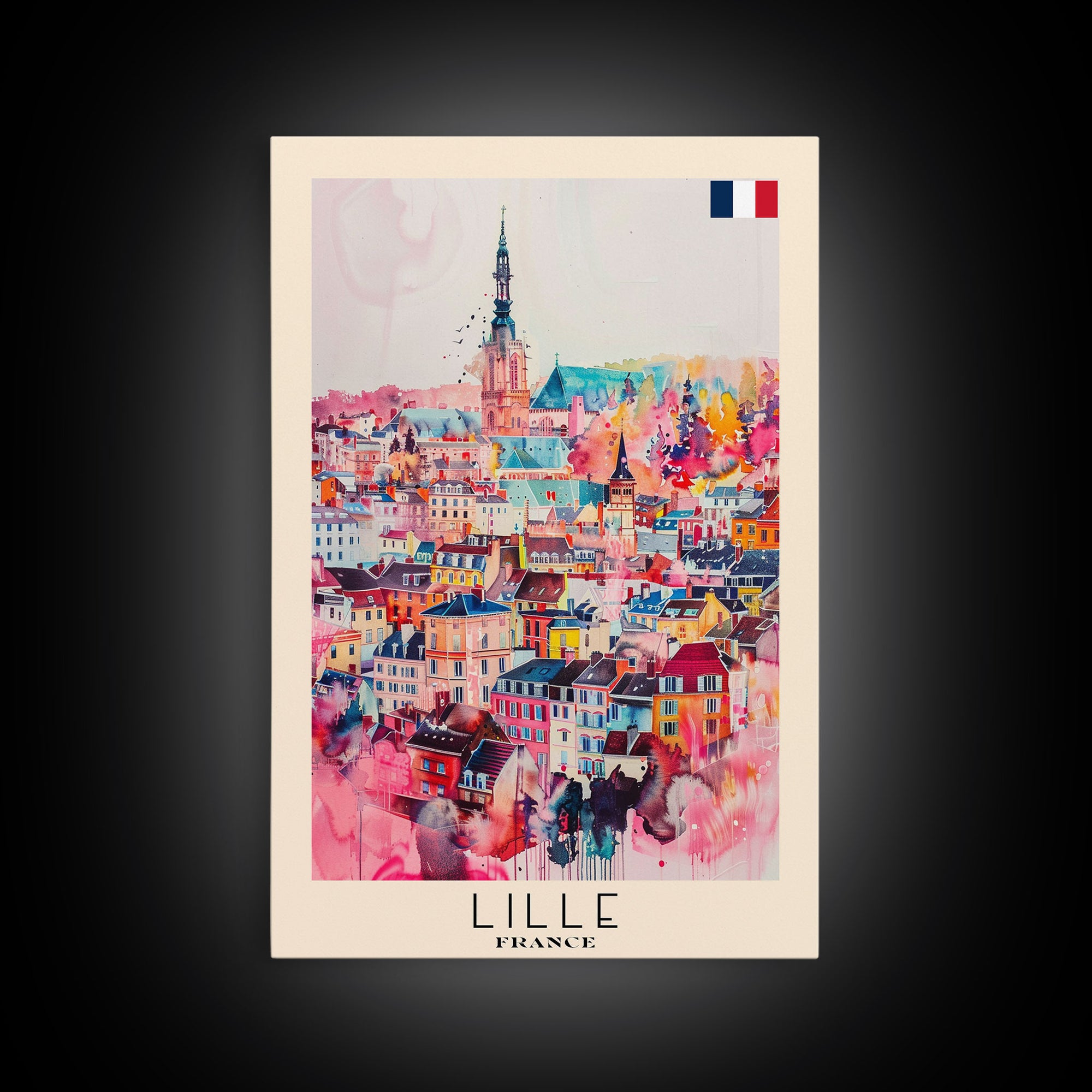 Lille France Travel Poster Framed Canvas Print, Historic Cityscape, Watercolor Painting, Wall Art, Home Decor, Travel Print, Artistic Gift