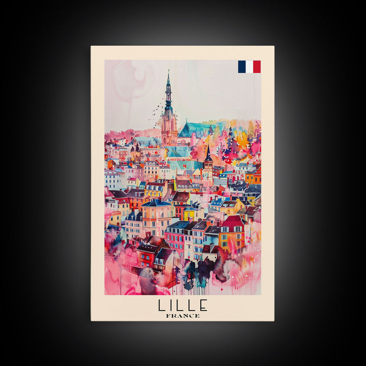 Lille France Travel Poster Framed Canvas Print, Historic Cityscape, Watercolor Painting, Wall Art, Home Decor, Travel Print, Artistic Gift