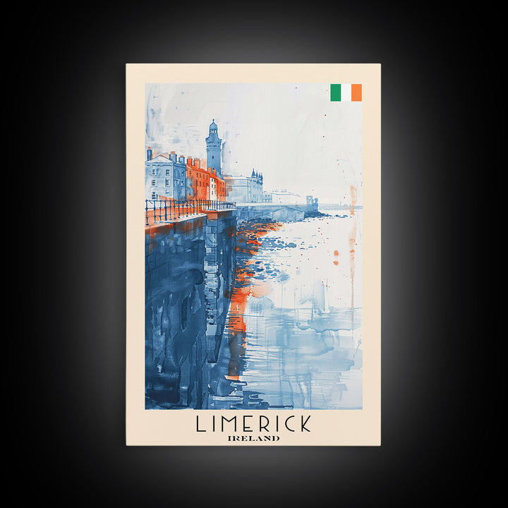 Limerick Ireland Travel Poster Framed Canvas Print, Scenic Landscape, Watercolor Art, Wall Decoration, Home Decor, Travel Print, Original Painting
