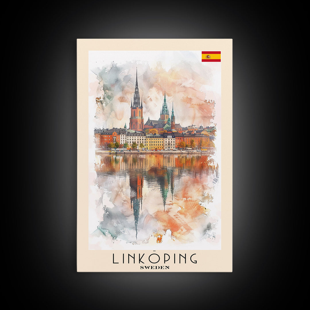 Linköping Sweden Travel Poster Framed Canvas Print, Urban Landscape, Watercolor Art, Wall Decor, Home Decoration, Travel Print, Original Art