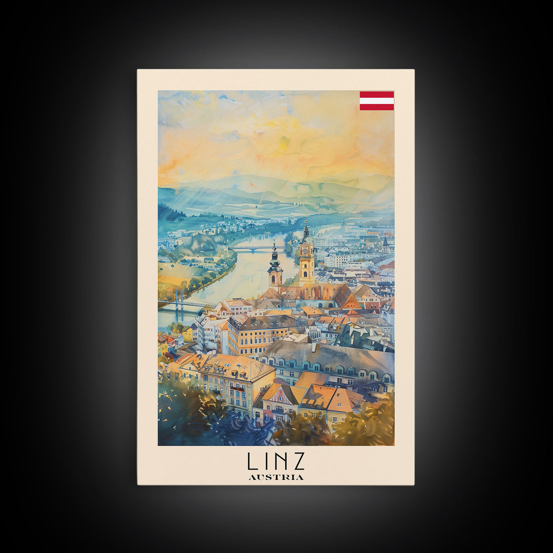 Linz Austria Travel Poster Framed Canvas Print, Scenic Landscape, Watercolor Painting, Wall Art, Home Decoration, Travel Print, Artistic Gift