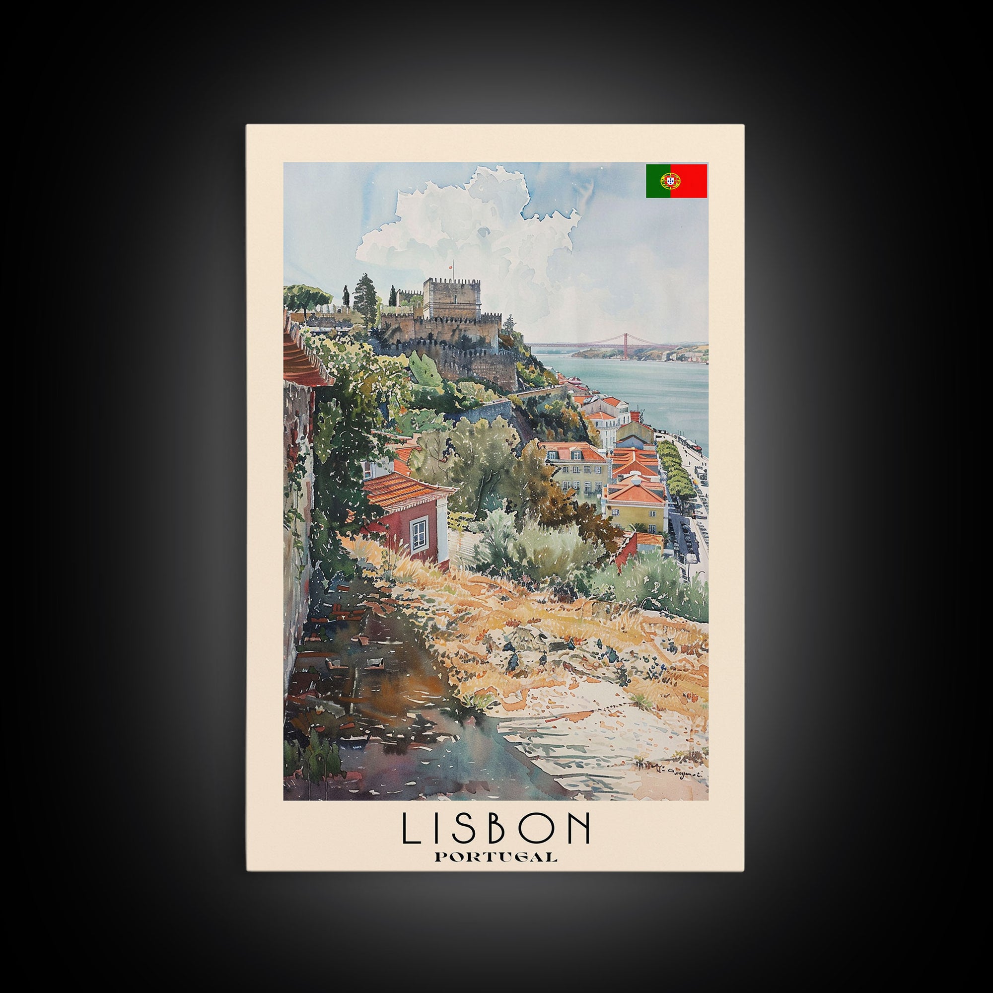 Lisbon Portugal Travel Poster Framed Canvas Print, Coastal Cityscape, Watercolor Painting, Wall Art, Home Decoration, Travel Print, Artistic Gift