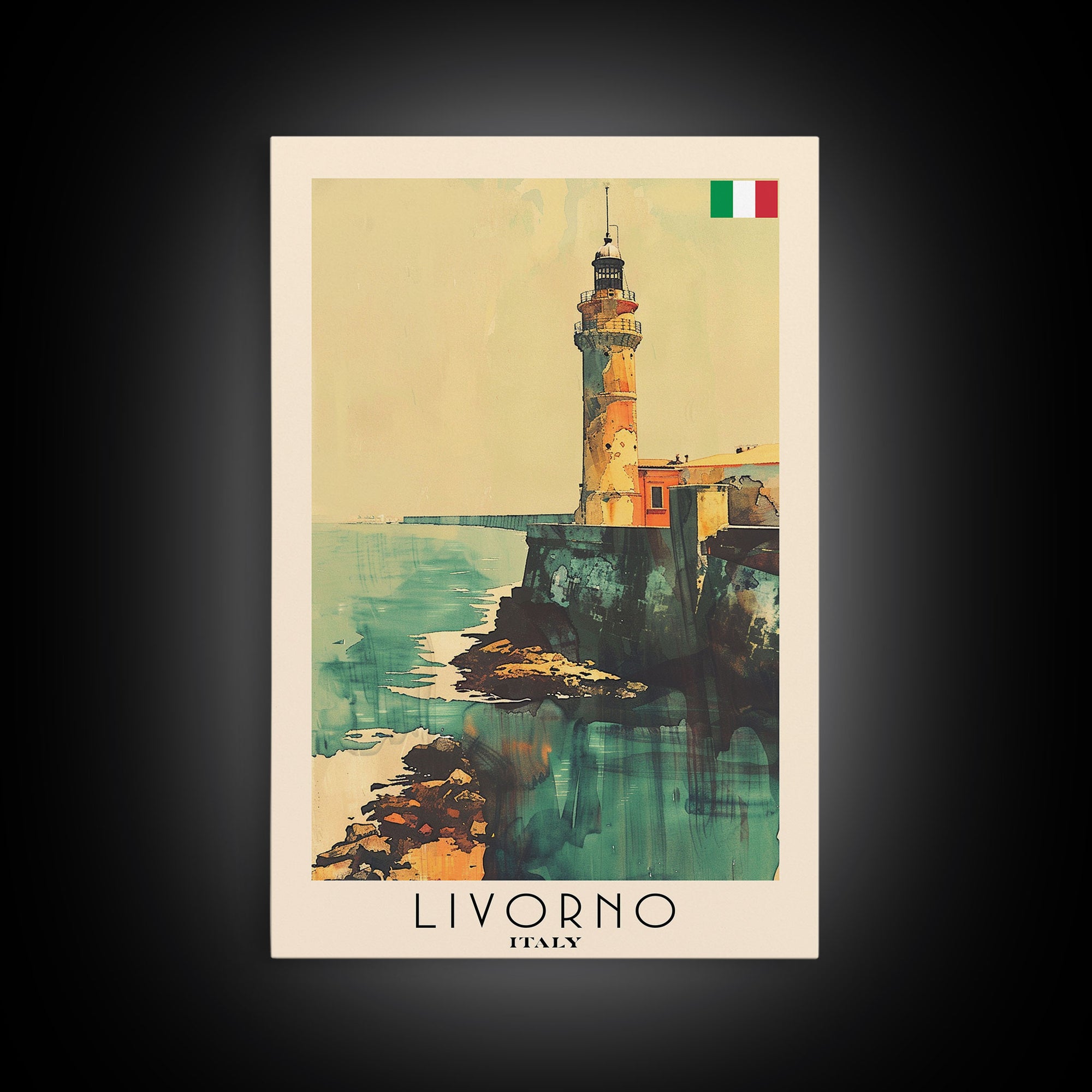 Livorno Italy Travel Poster Framed Canvas Print, Coastal Landscape, Watercolor Painting, Wall Art, Home Decor, Travel Print, Artistic Gift