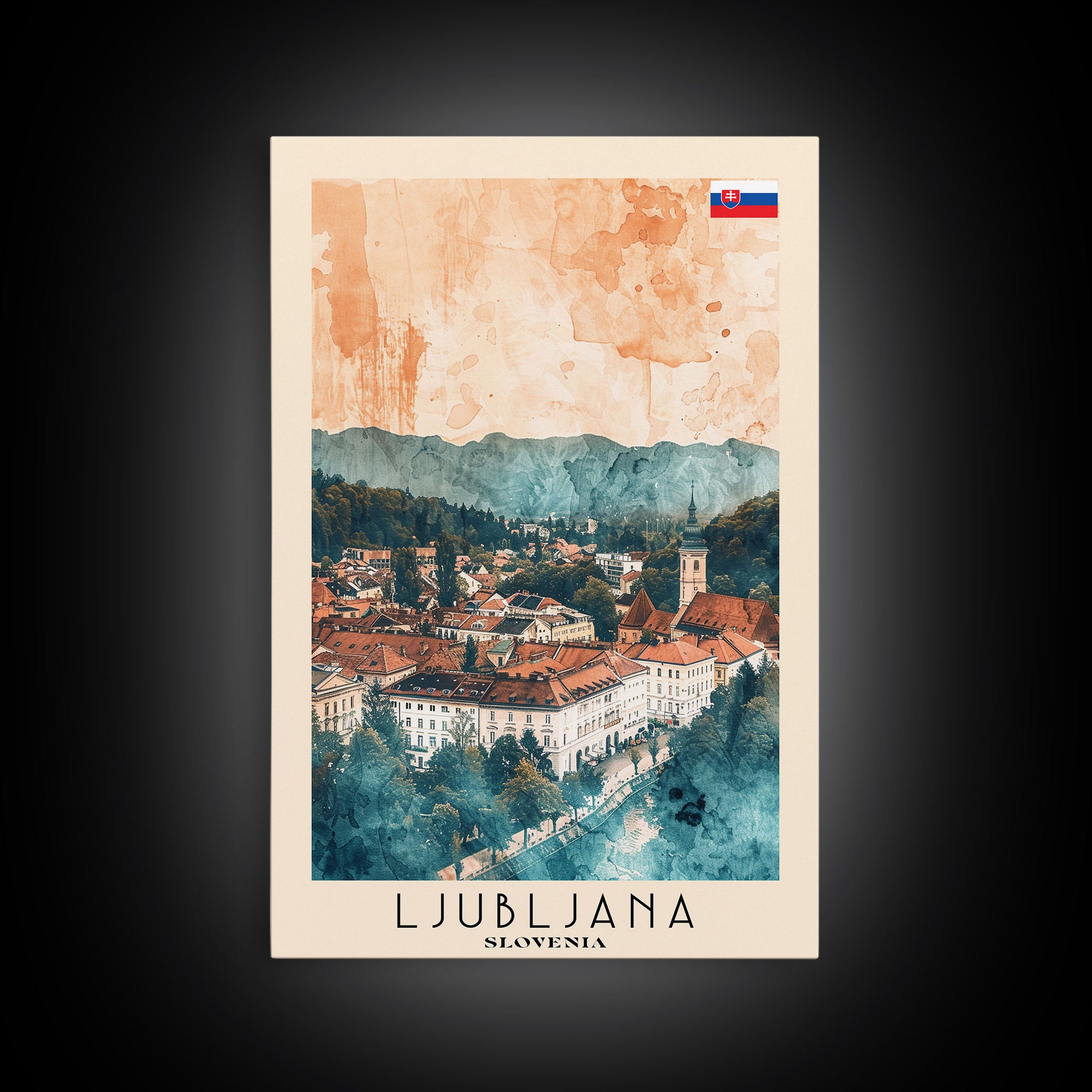 Ljubljana Slovenia Travel Poster Framed Canvas Print, Urban Landscape, Watercolor Art, Wall Decor, Home Decoration, Travel Print, Original Art