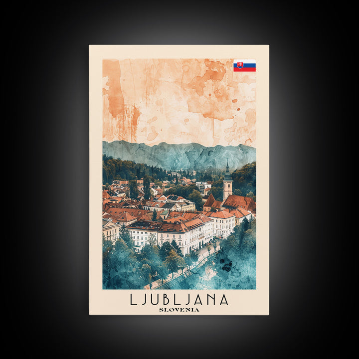 Ljubljana Slovenia Travel Poster Framed Canvas Print, Urban Landscape, Watercolor Art, Wall Decor, Home Decoration, Travel Print, Original Art
