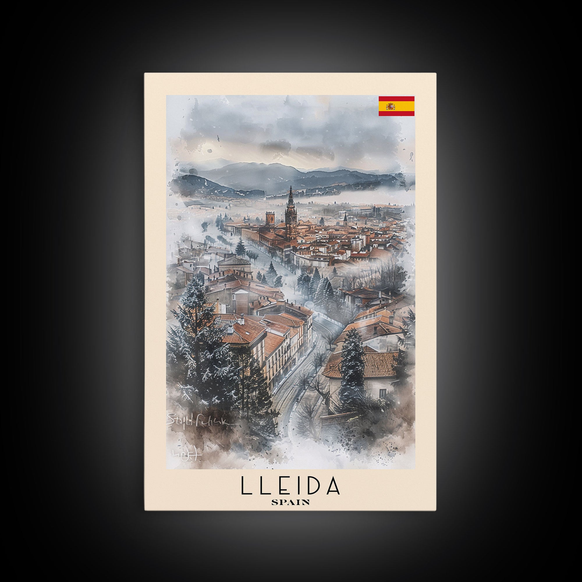 Lleida Spain Travel Poster Framed Canvas Print, Urban Landscape, Watercolor Art, Wall Decor, Home Decoration, Travel Print, Original Art