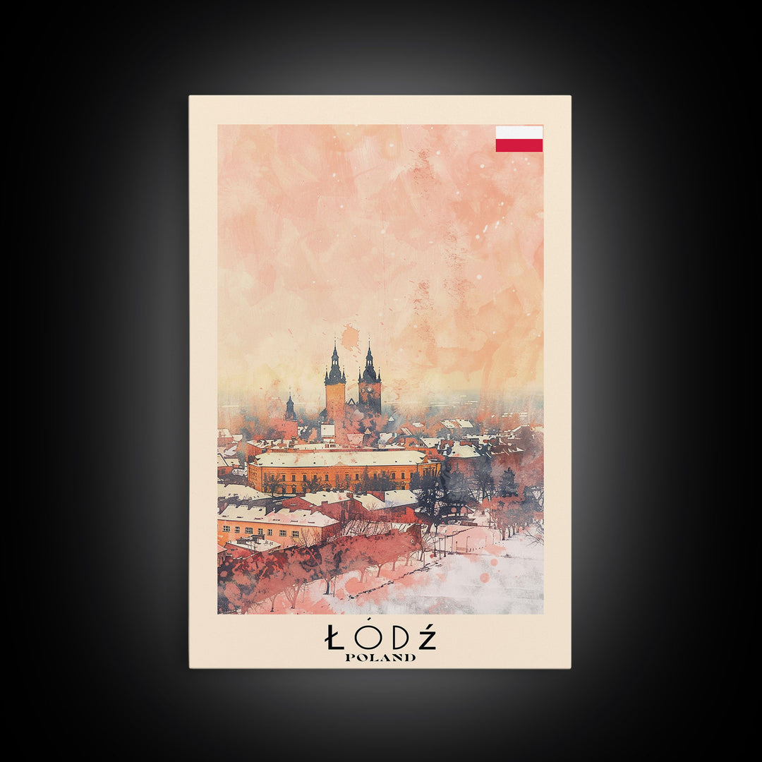 Lodz Poland Travel Poster Framed Canvas Print, Historic Cityscape, Watercolor Painting, Wall Art, Home Decor, Travel Print, Artistic Gift