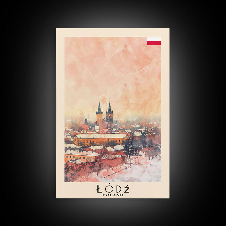 Lodz Poland Travel Poster Framed Canvas Print, Historic Cityscape, Watercolor Painting, Wall Art, Home Decor, Travel Print, Artistic Gift