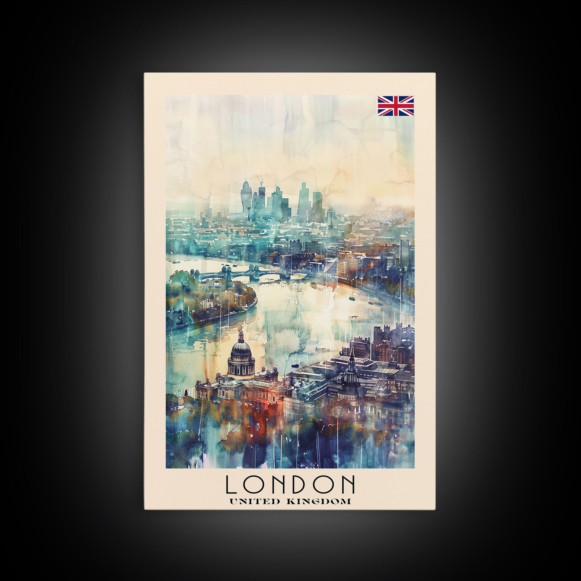 London United Kingdom Travel Poster Framed Canvas Print, Iconic Cityscape, Watercolor Art, Wall Decor, Home Decoration, Travel Print, Artistic Gift