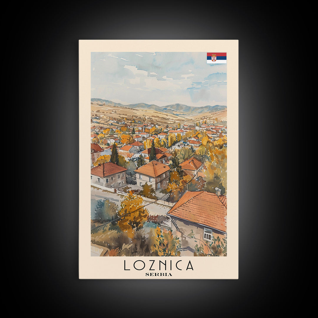 Loznica Serbia Travel Poster Framed Canvas Print, Urban Landscape, Watercolor Art, Wall Decor, Home Decoration, Travel Print, Original Art