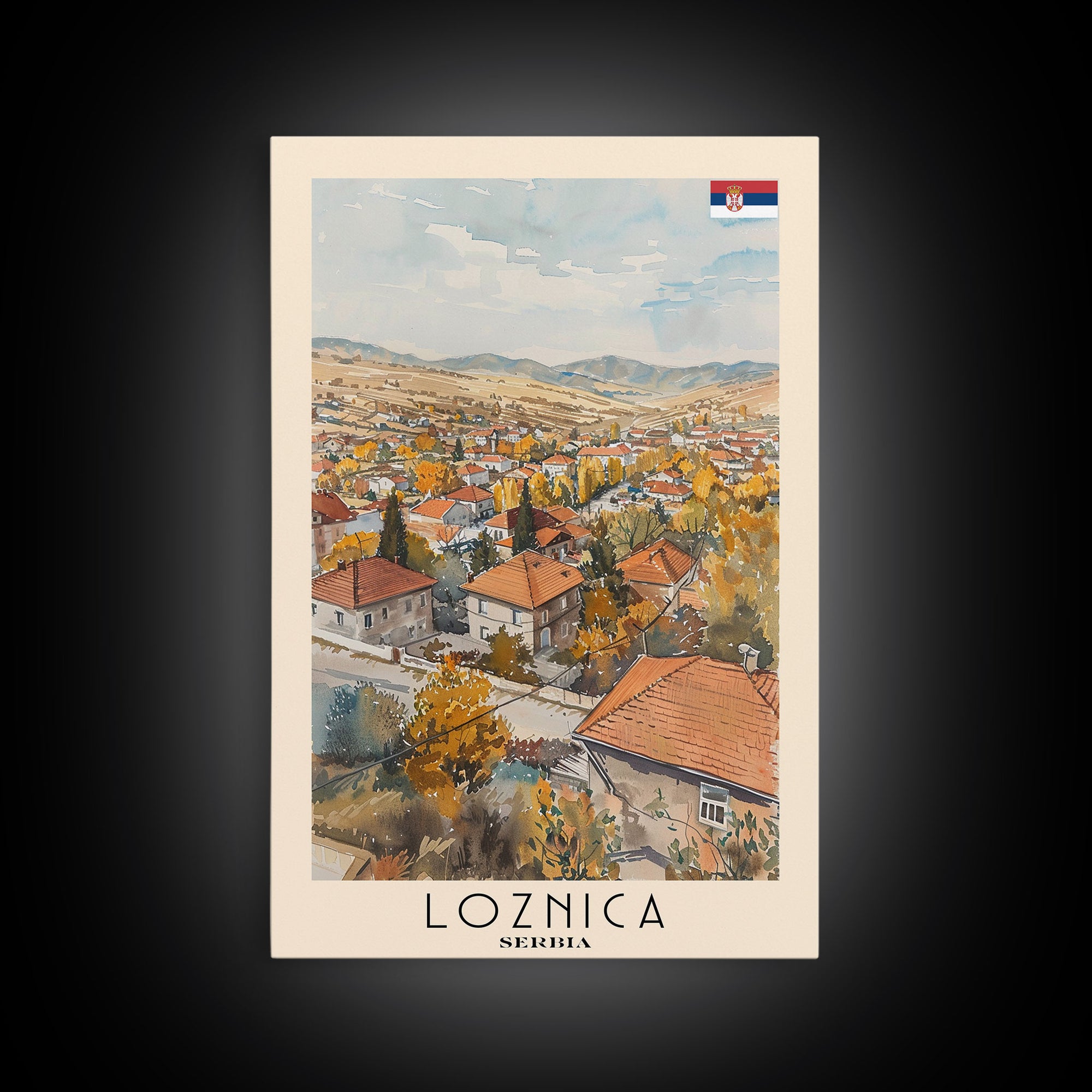 Loznica Serbia Travel Poster Framed Canvas Print, Urban Landscape, Watercolor Art, Wall Decor, Home Decoration, Travel Print, Original Art