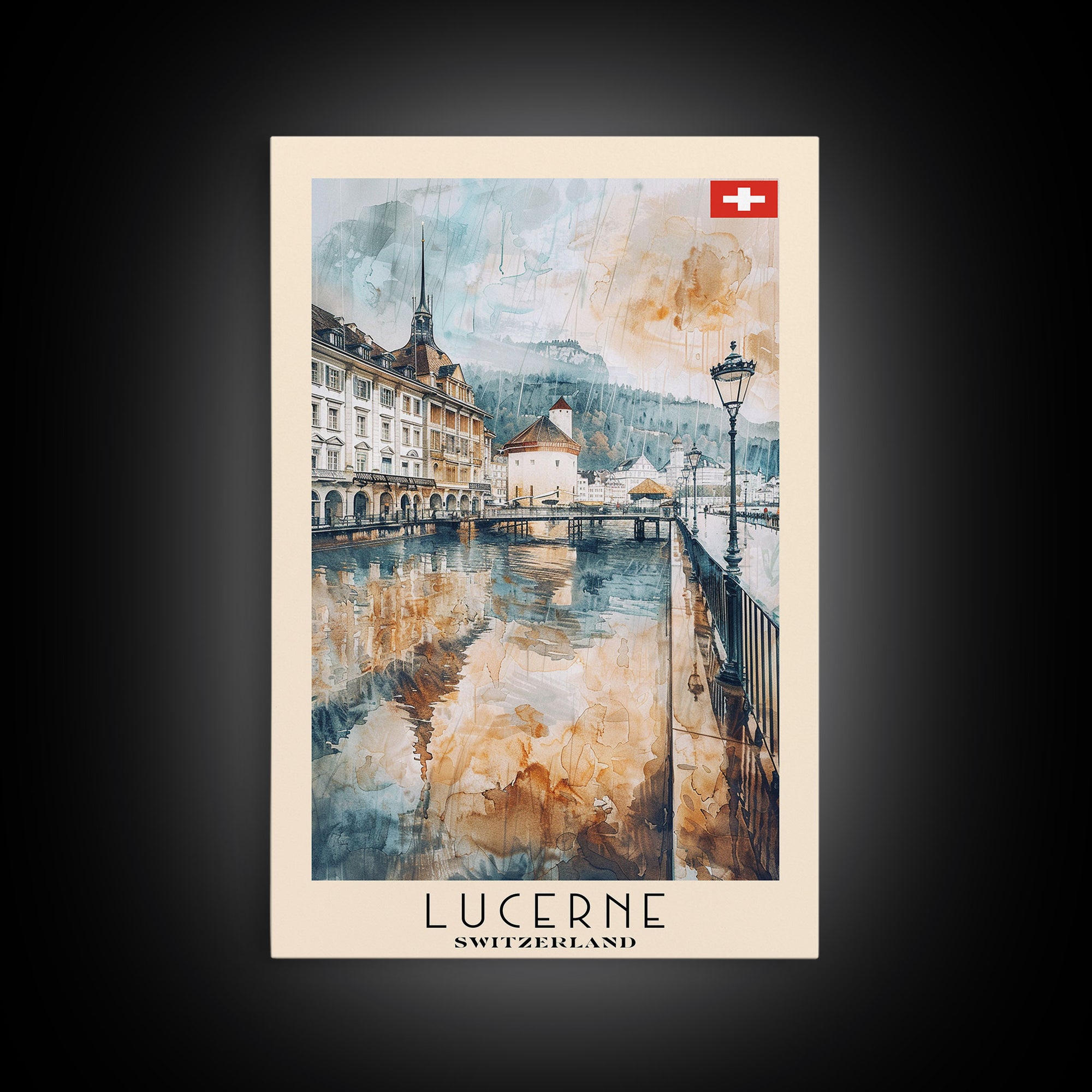 Lucerne Switzerland Travel Poster Framed Canvas Print, Scenic Landscape, Watercolor Art, Wall Decoration, Home Decor, Travel Print, Original Painting