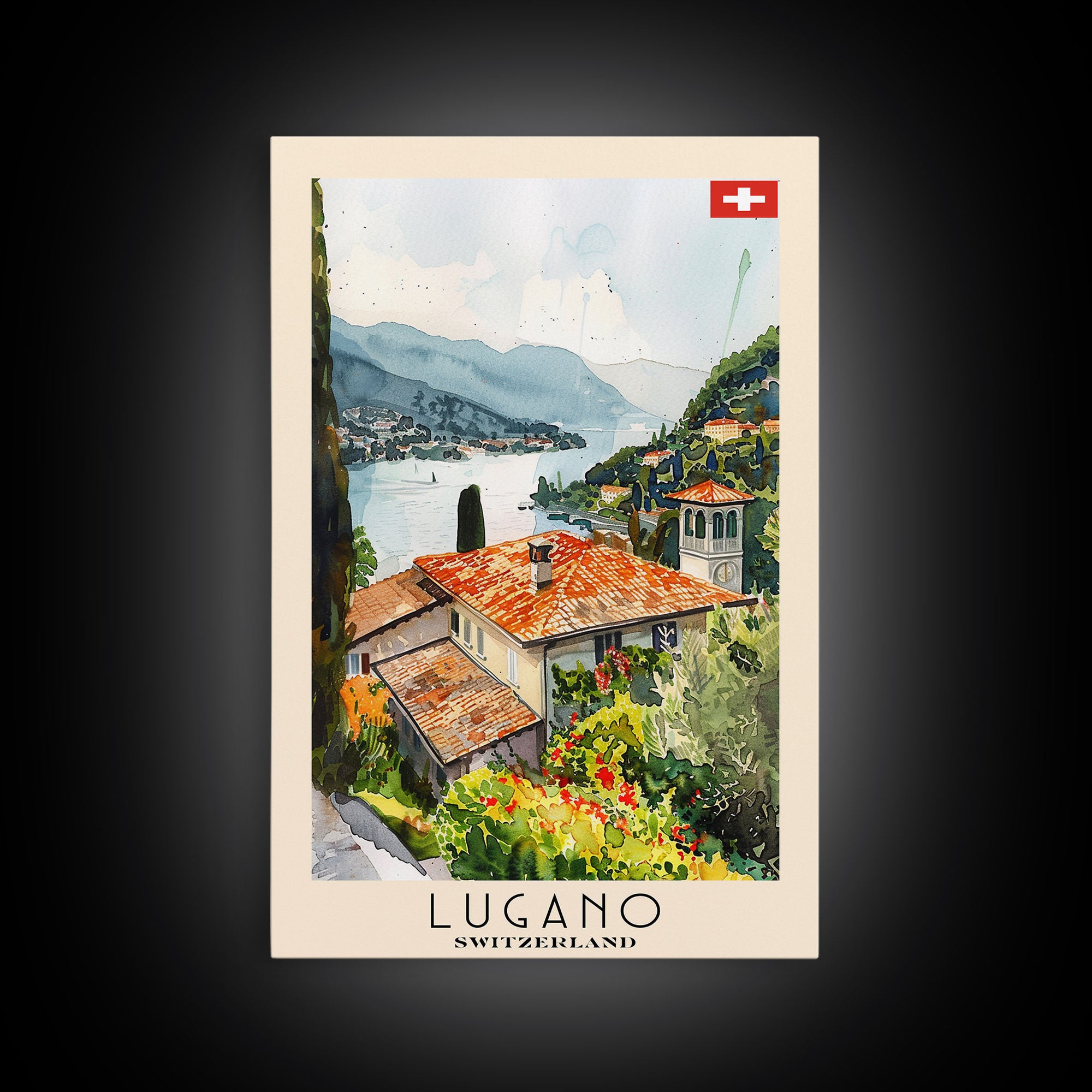 Lugano Switzerland Travel Poster Framed Canvas Print, Lakeside Cityscape, Watercolor Painting, Wall Art, Home Decoration, Travel Print, Artistic Gift