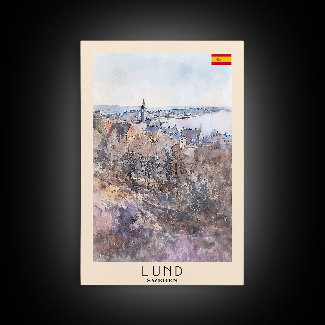 Lund Sweden Travel Poster Framed Canvas Print, Historic Cityscape, Watercolor Art, Wall Decor, Home Decoration, Travel Print, Original Art