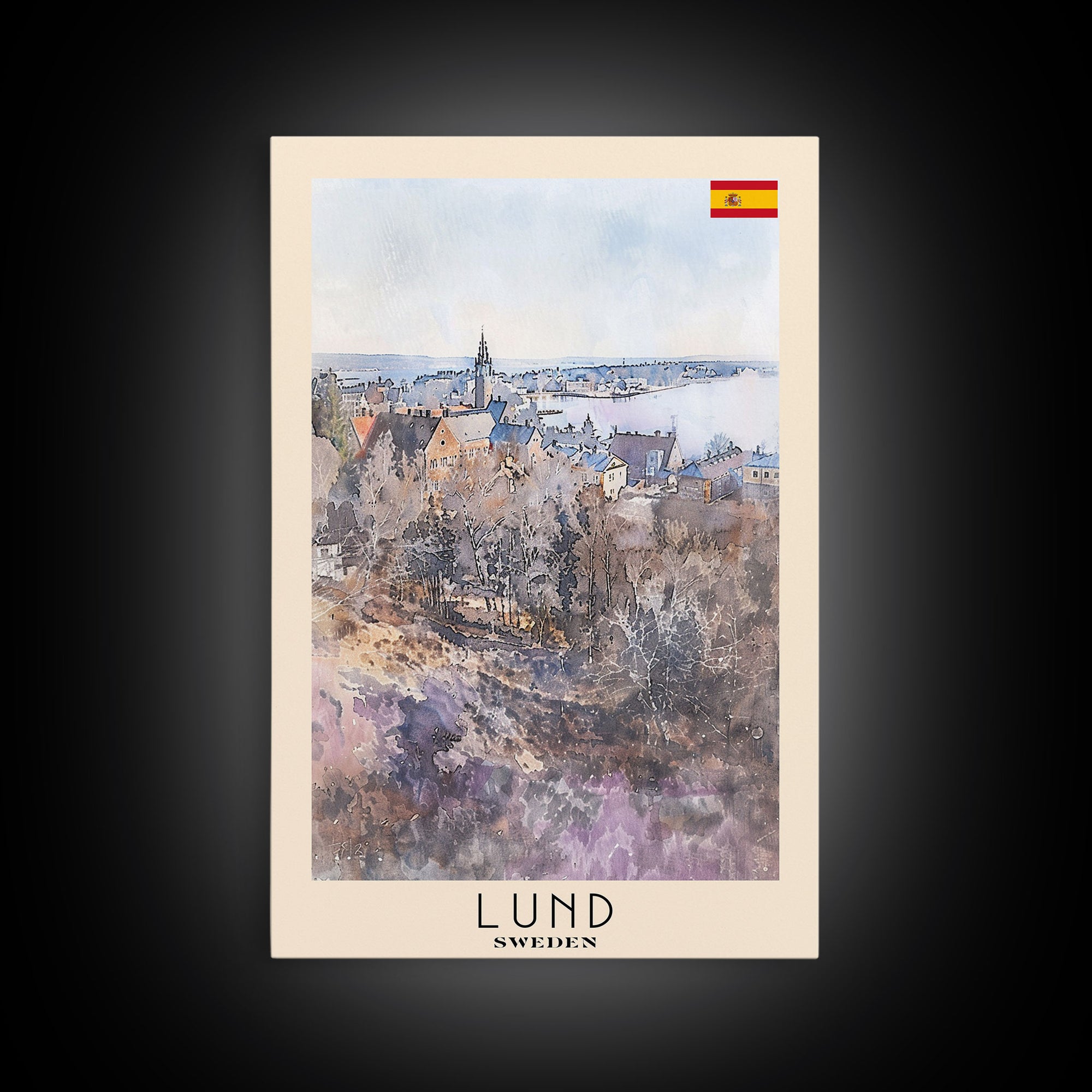 Lund Sweden Travel Poster Framed Canvas Print, Historic Cityscape, Watercolor Art, Wall Decor, Home Decoration, Travel Print, Original Art
