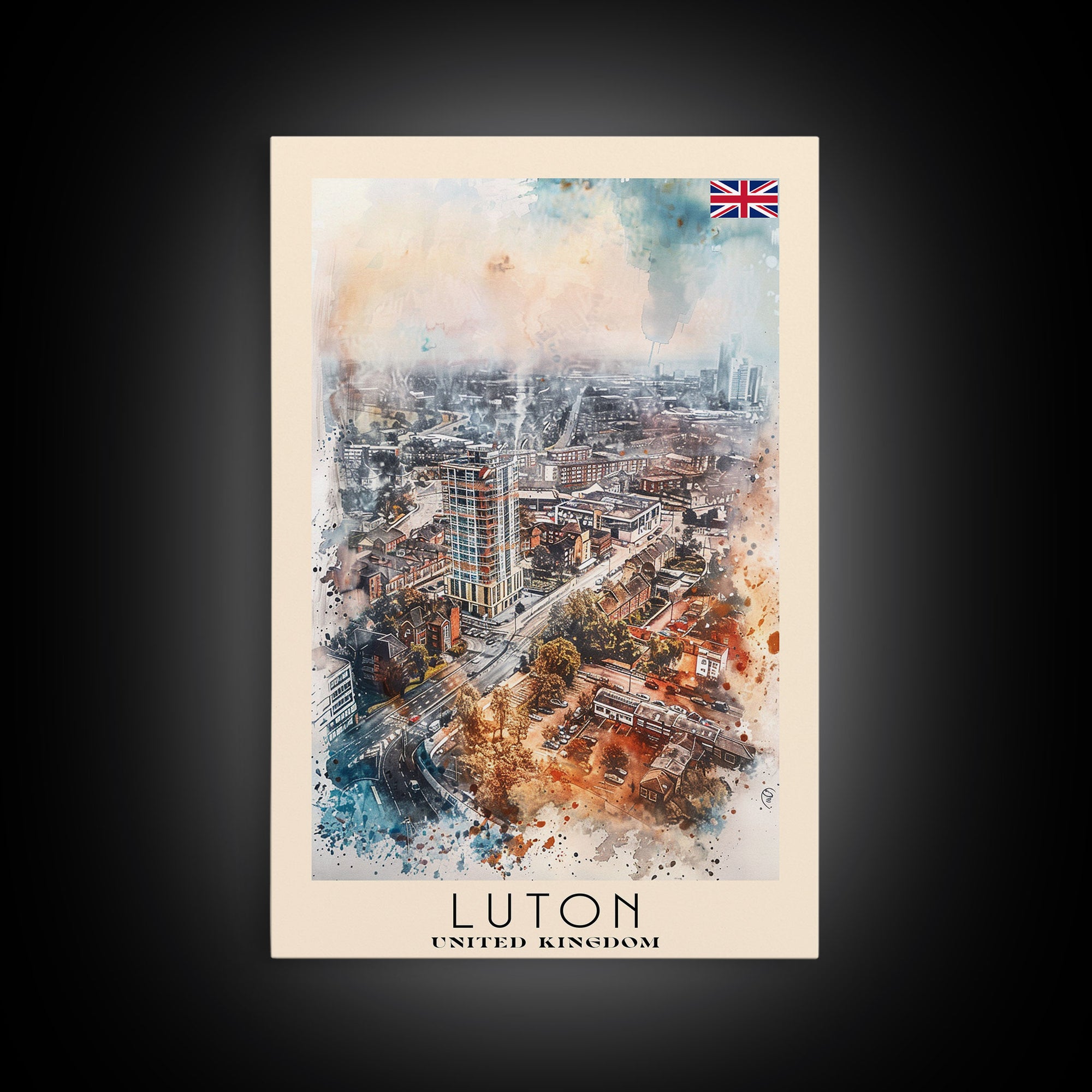 Luton United Kingdom Travel Poster Framed Canvas Print, Vibrant Cityscape, Urban Art, Wall Decor, Interior Design, Travel Print, Unique Art