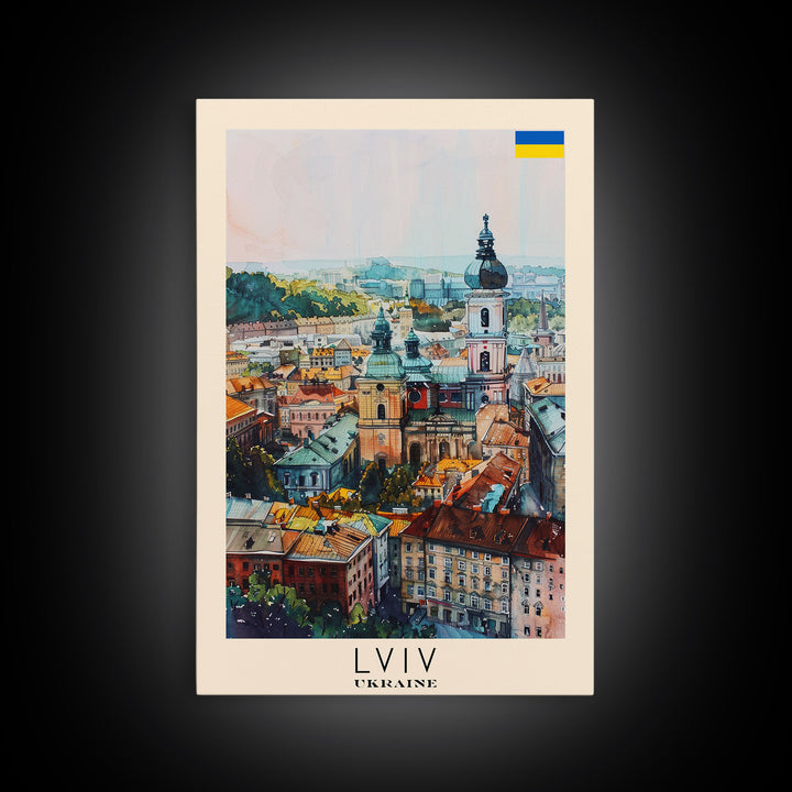 Lviv Ukraine Travel Poster Framed Canvas Print, Colorful Cityscape, Urban Wall Art, Home Decoration, Travel Print, Original Painting