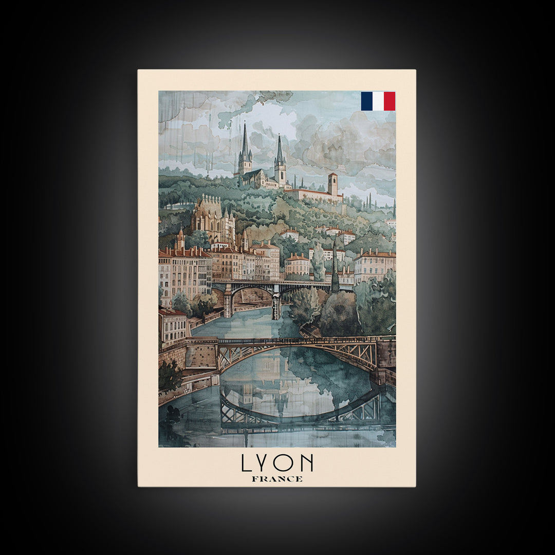 Lyon France Travel Poster Framed Canvas Print, Historic Cityscape, Watercolor Art, Wall Hanging, Home Decor, Travel Print, Art Collectible