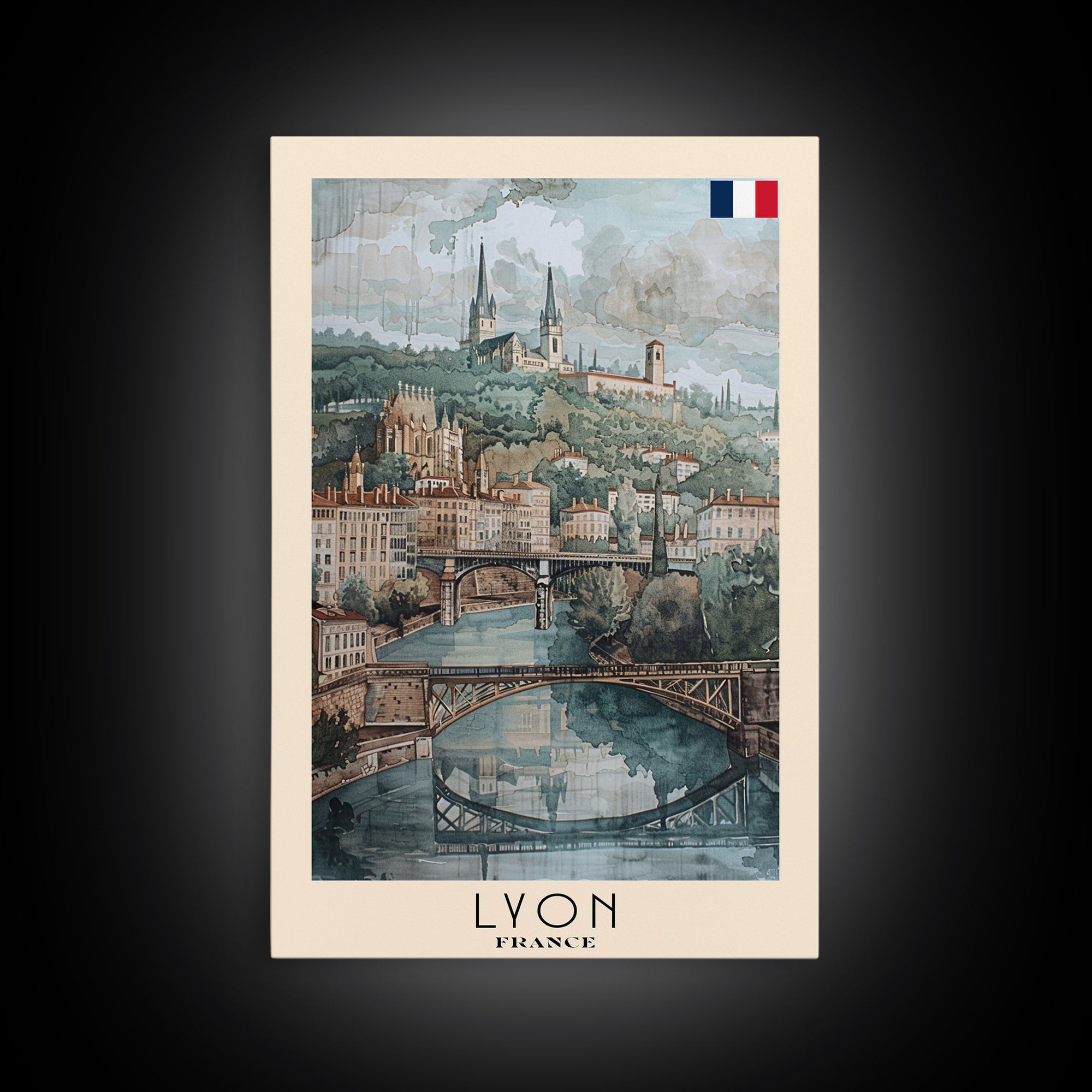 Lyon France Travel Poster Framed Canvas Print, Historic Cityscape, Watercolor Art, Wall Hanging, Home Decor, Travel Print, Art Collectible