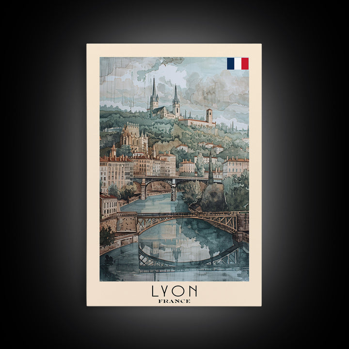 Lyon France Travel Poster Framed Canvas Print, Historic Cityscape, Watercolor Art, Wall Hanging, Home Decor, Travel Print, Art Collectible