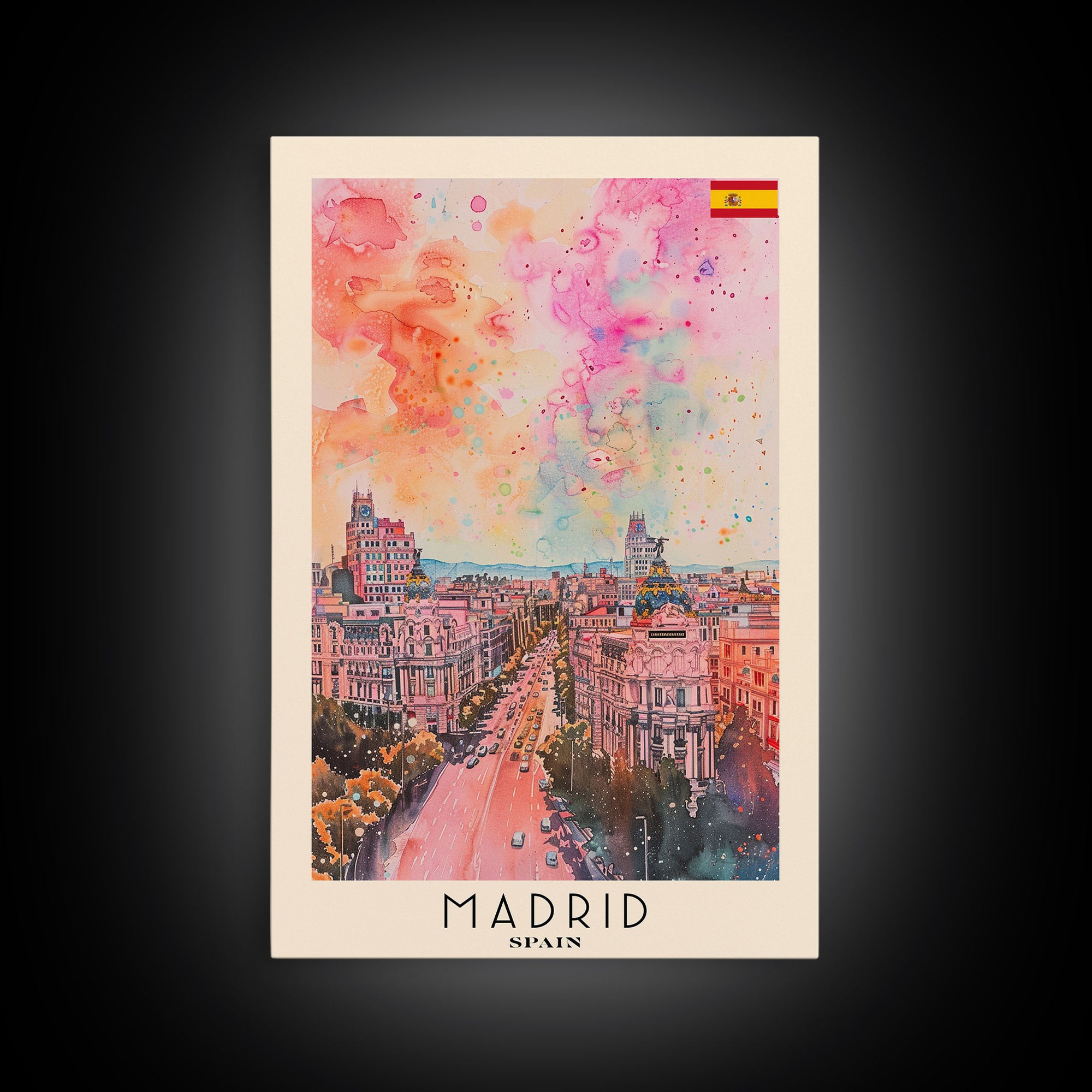 Madrid Spain Travel Poster Framed Canvas Print, Iconic Cityscape, Urban Art, Wall Decor, Home Decoration, Travel Print, Original Artwork