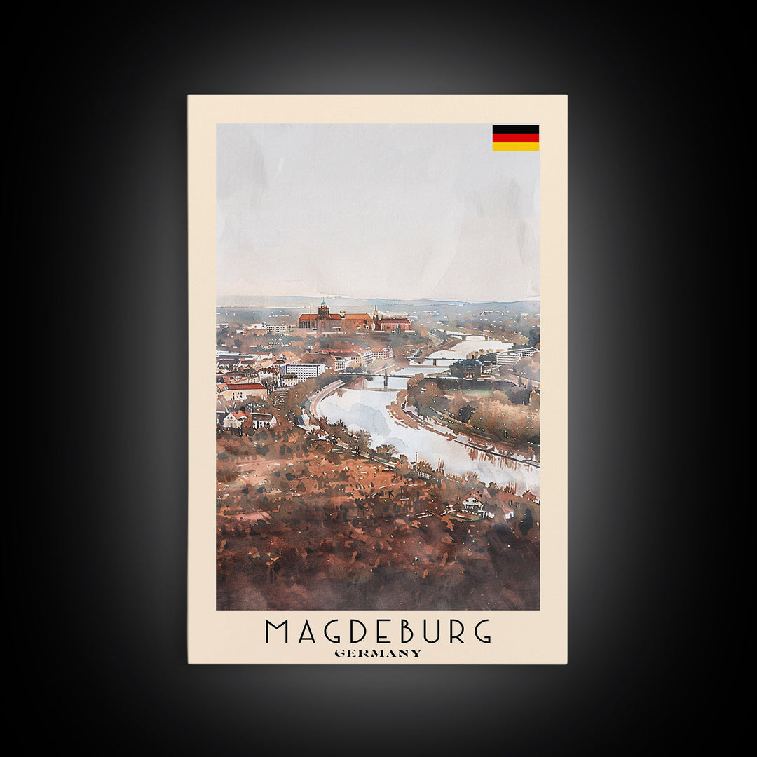 Magdeburg Germany Travel Poster Framed Canvas Print, Historic Landmarks, Watercolor Art, Wall Decor, Home Interior, Travel Print, Artistic Gift