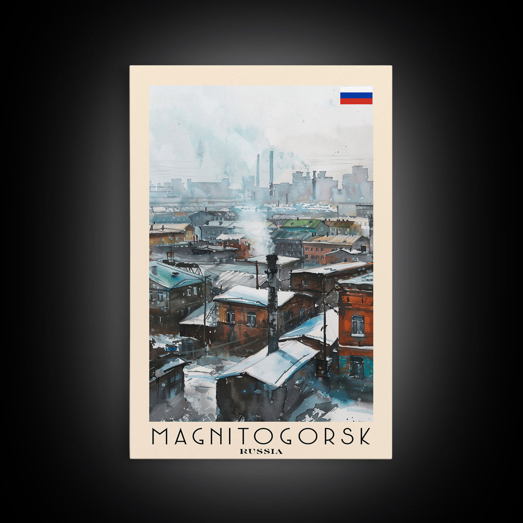 Magnitogorsk Russia Travel Poster Framed Canvas Print, Industrial Cityscape, Watercolor Painting, Wall Art, Home Decor, Travel Print, Original Piece