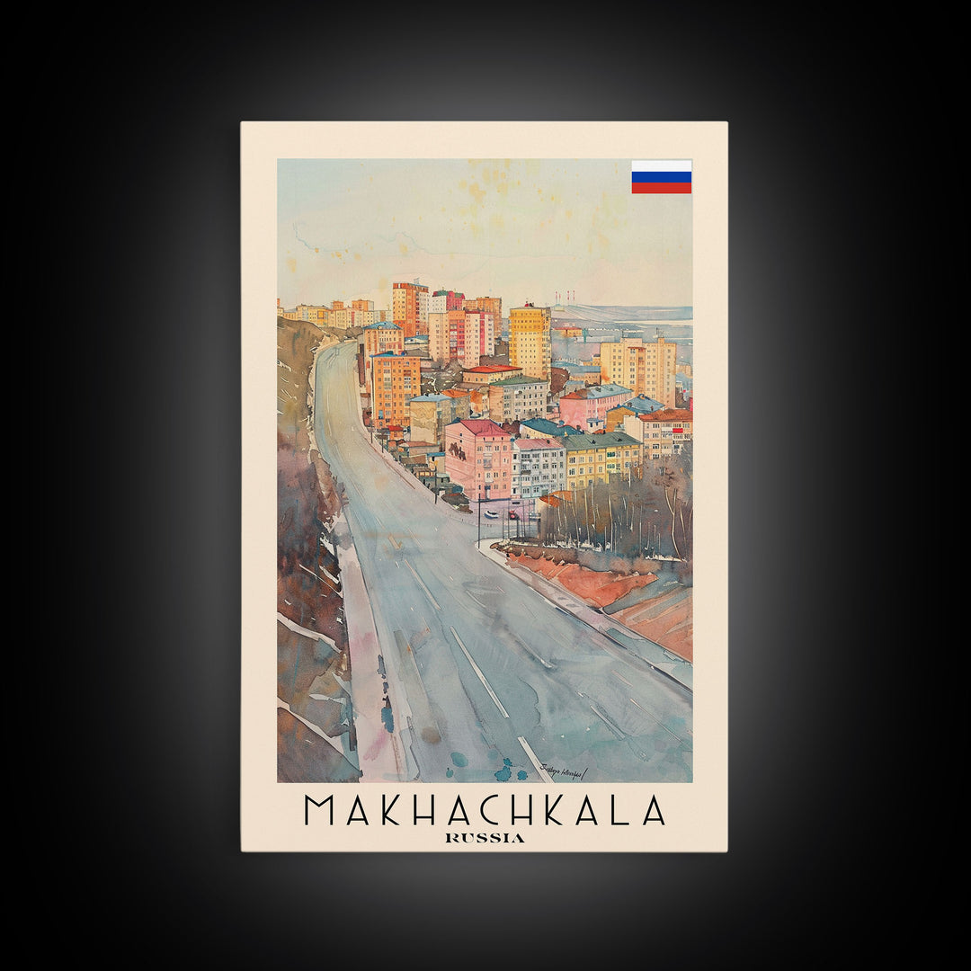 Makhachkala Russia Travel Poster Framed Canvas Print, Coastal Cityscape, Watercolor Art, Wall Hanging, Home Decor, Travel Print, Artistic Gift