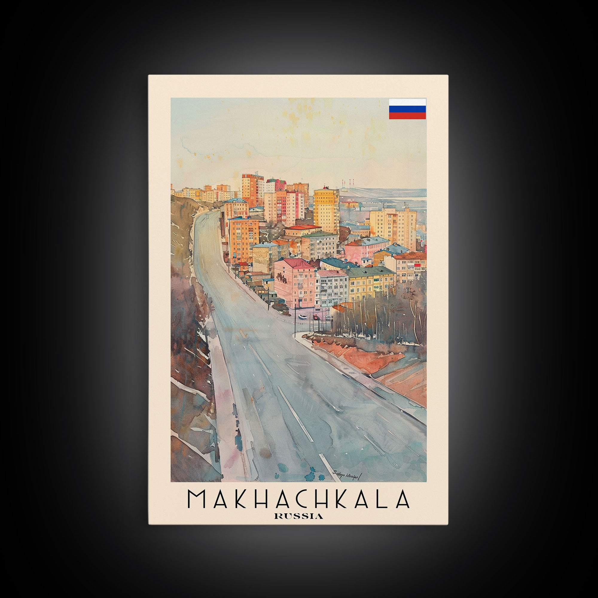 Makhachkala Russia Travel Poster Framed Canvas Print, Coastal Cityscape, Watercolor Art, Wall Hanging, Home Decor, Travel Print, Artistic Gift
