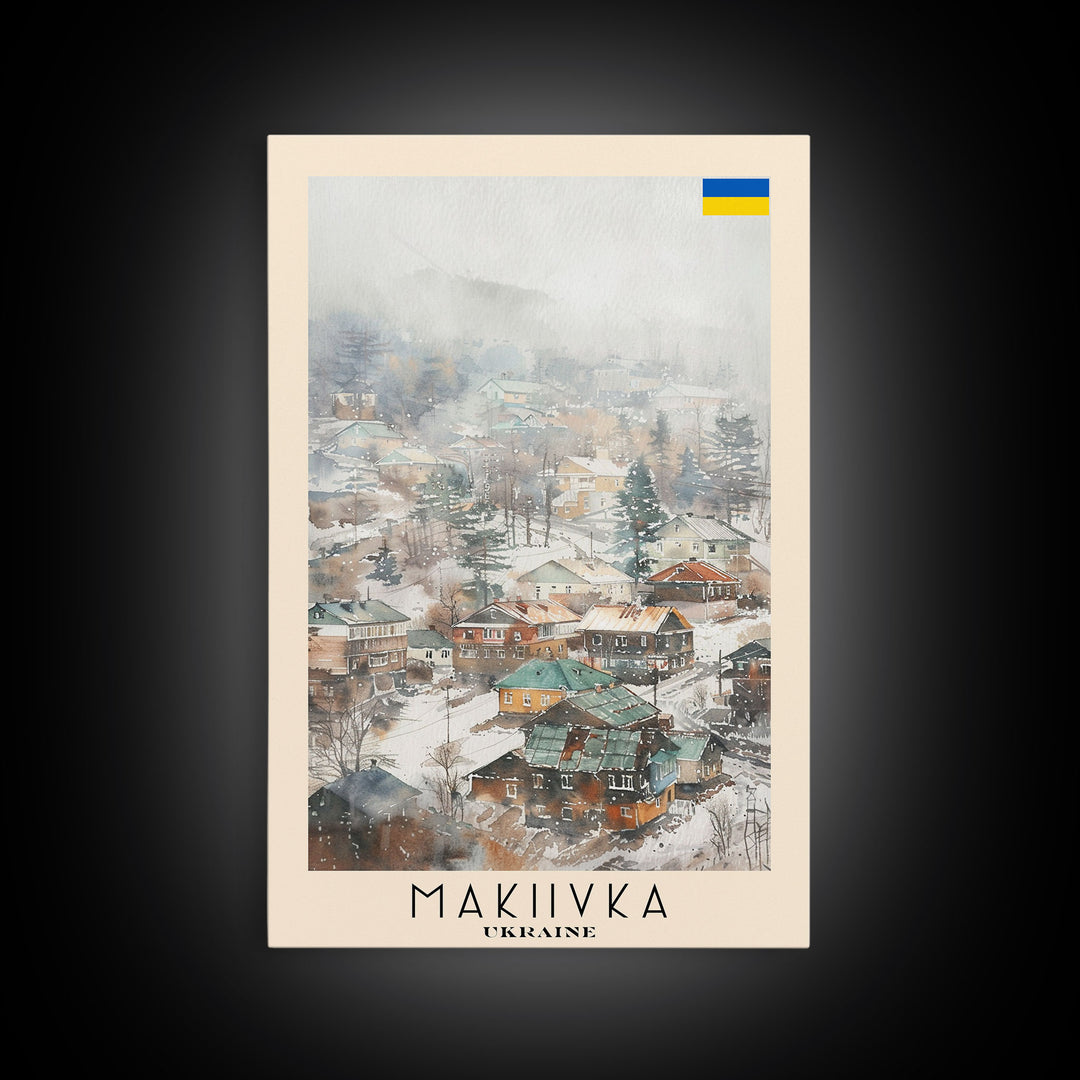 Makiivka Ukraine Travel Poster Framed Canvas Print, Urban Landscape, Watercolor Painting, Wall Art, Home Decoration, Travel Print, Unique Art