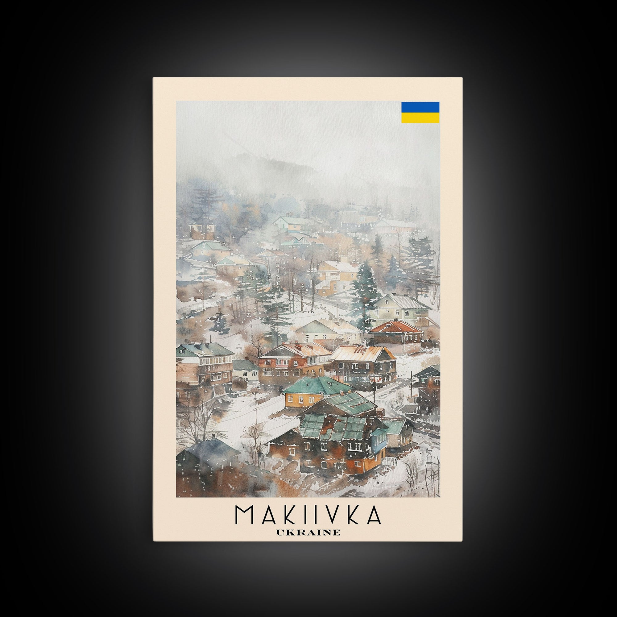 Makiivka Ukraine Travel Poster Framed Canvas Print, Urban Landscape, Watercolor Painting, Wall Art, Home Decoration, Travel Print, Unique Art
